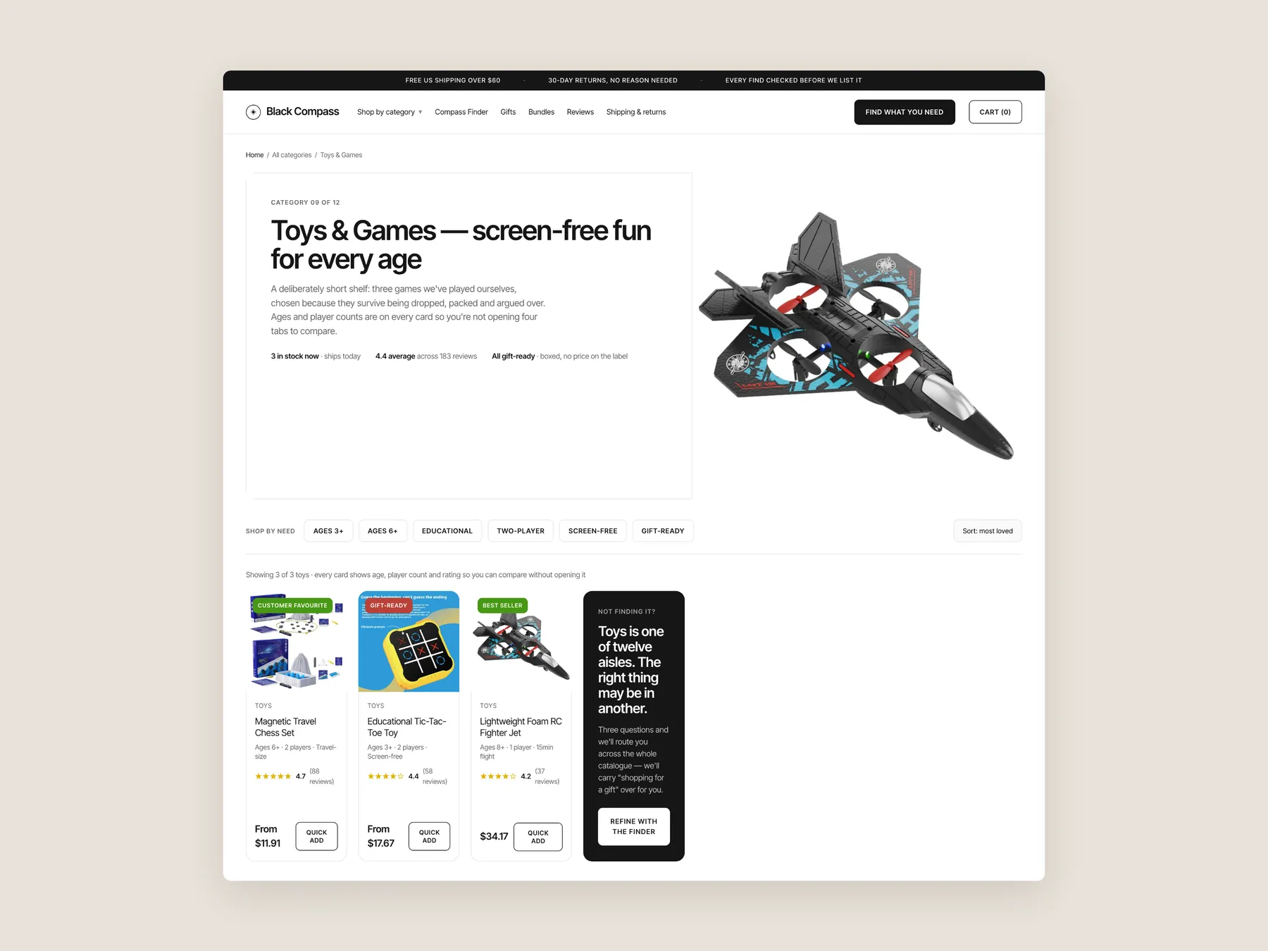Black Compass concept redesign: Collection page first screen: header, banner, first row