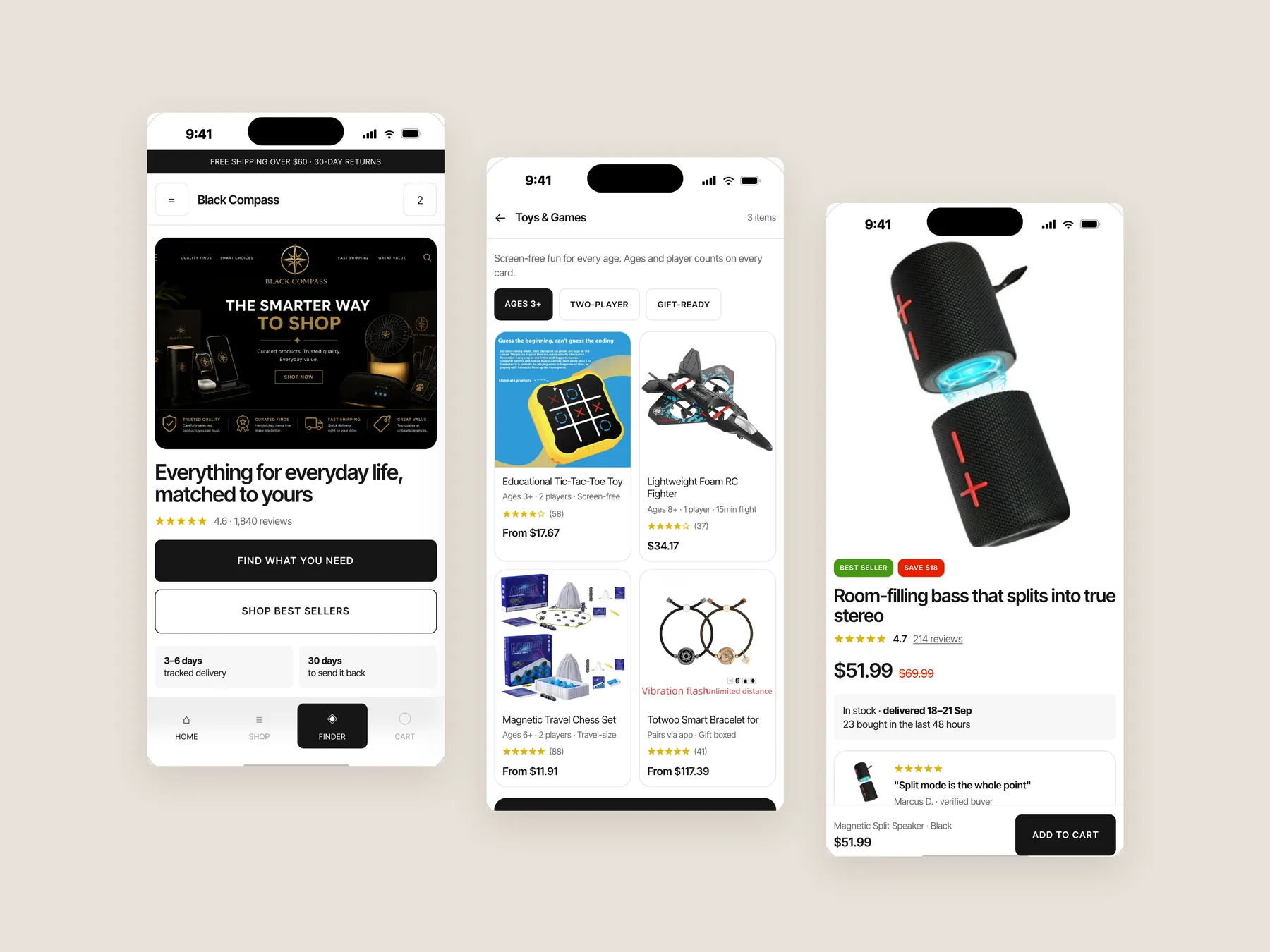 Black Compass concept redesign: Three phone screens: home, collection, product