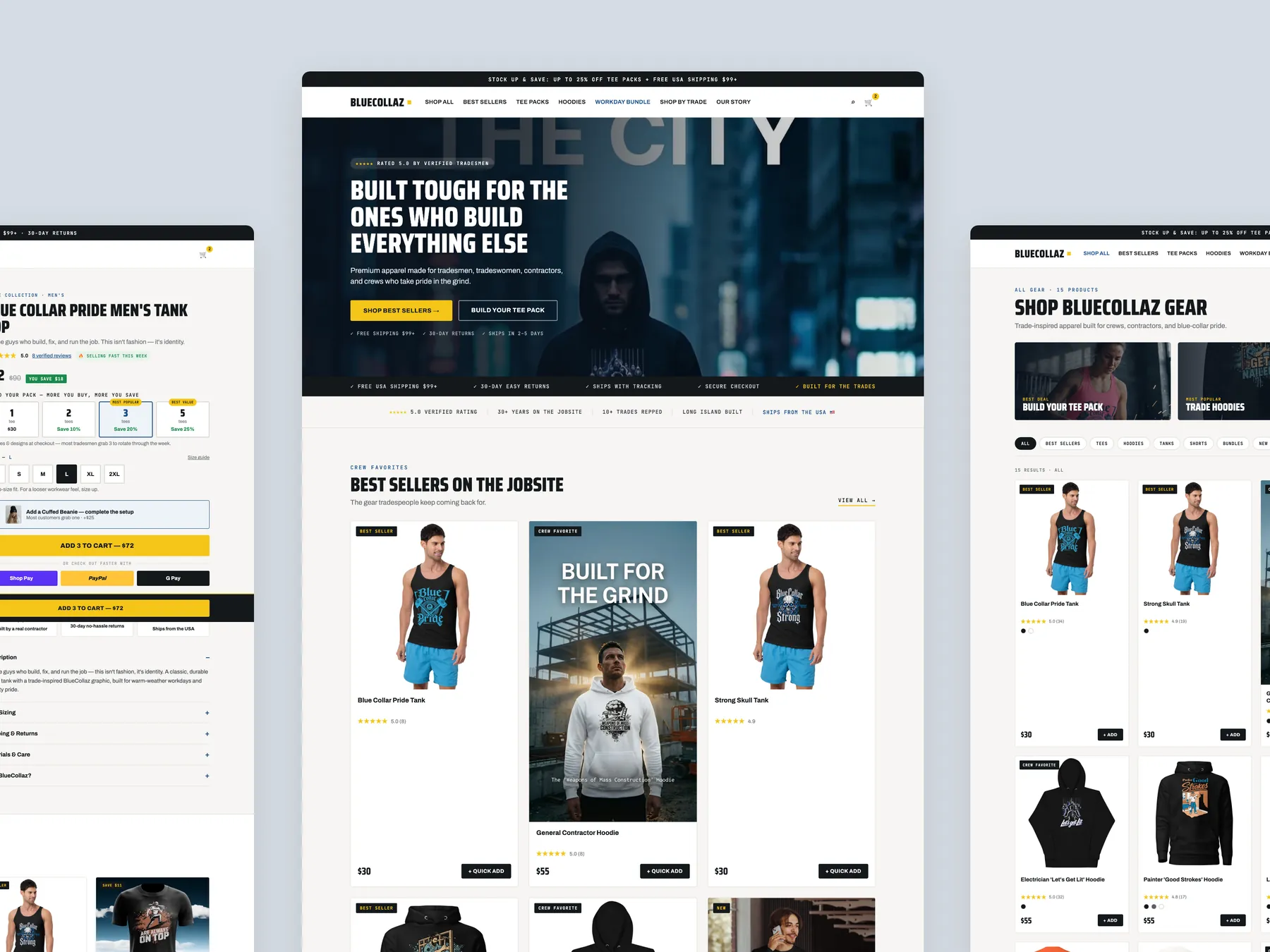 BlueCollaz concept redesign: Homepage centre, product left, collection right