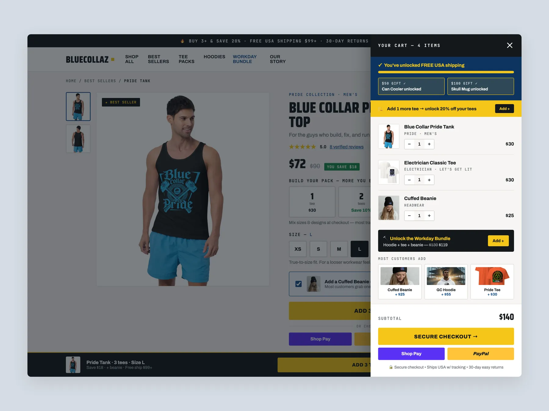 BlueCollaz concept redesign: Cart slide over open over the product page, whole screen