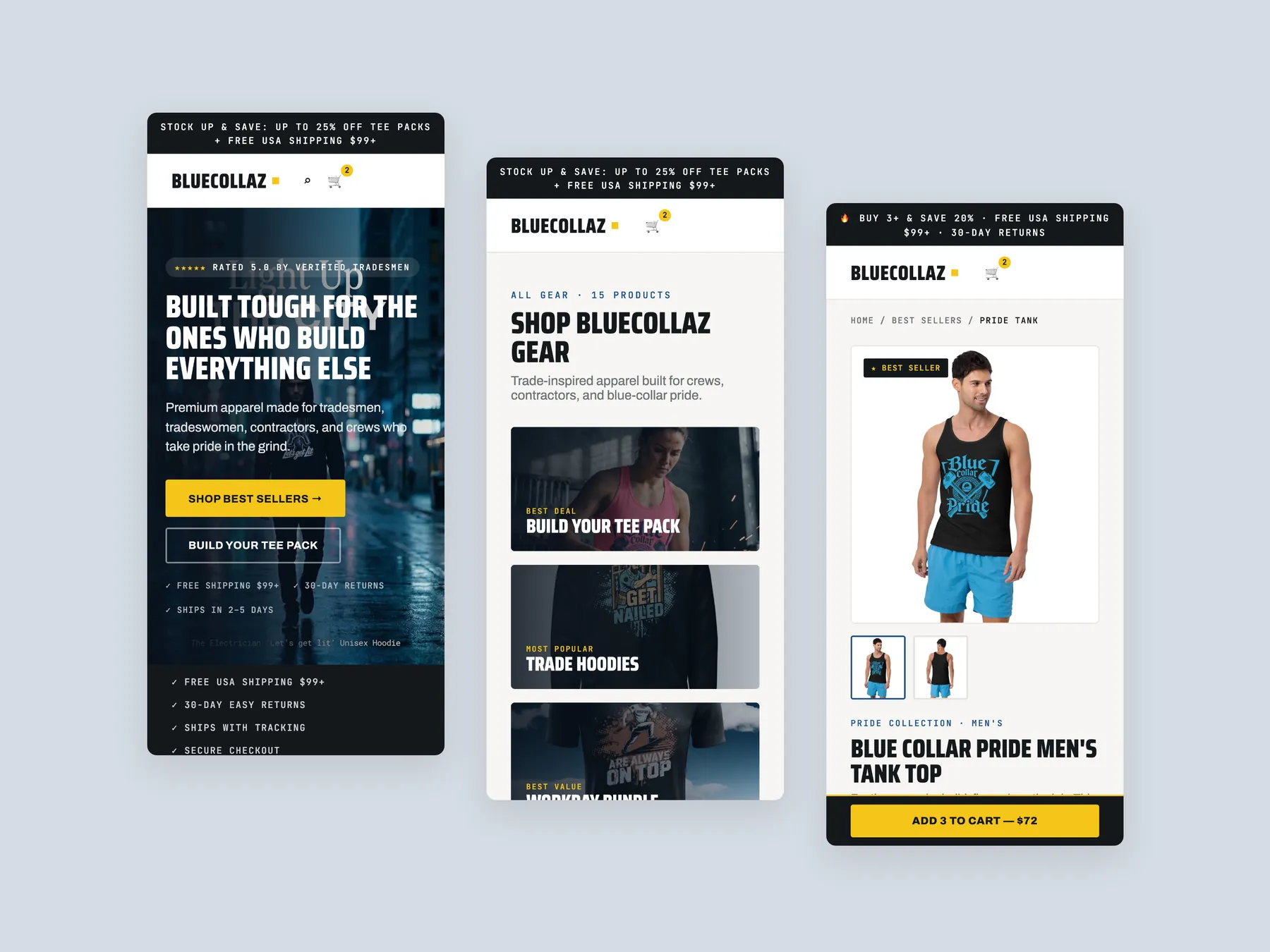 BlueCollaz concept redesign: Three phone screens: home, collection, product