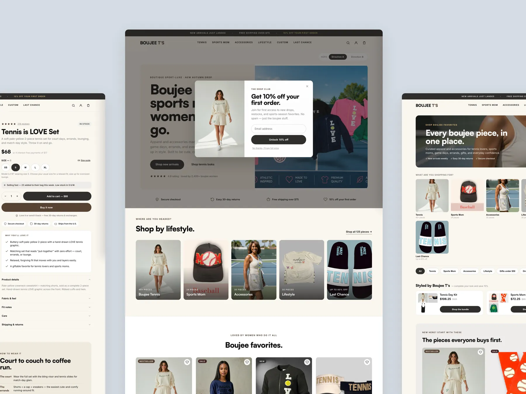 Boujee Ts concept redesign: Homepage centre, product left, collection right