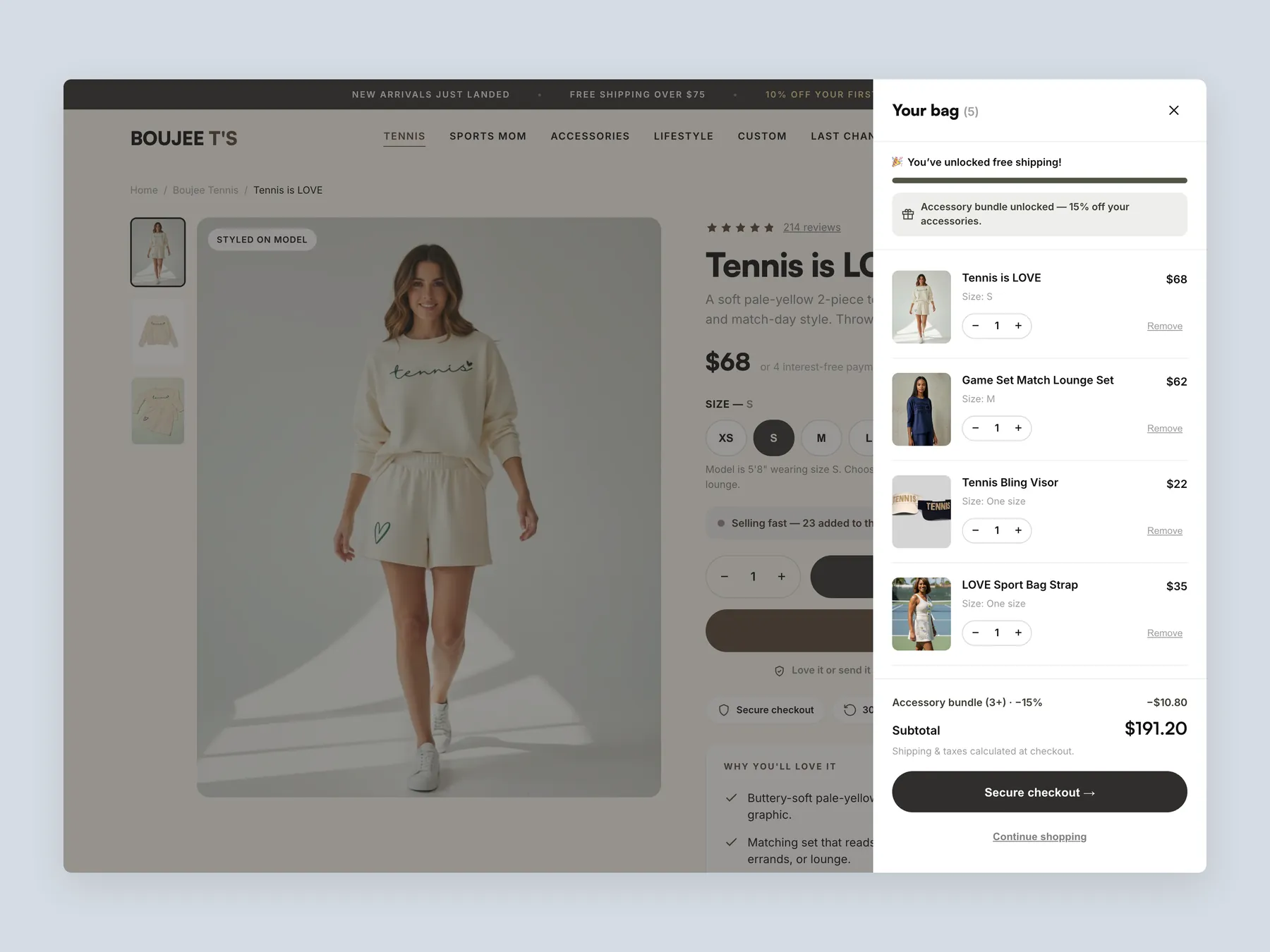 Boujee Ts concept redesign: Cart slide over open over the product page, whole screen