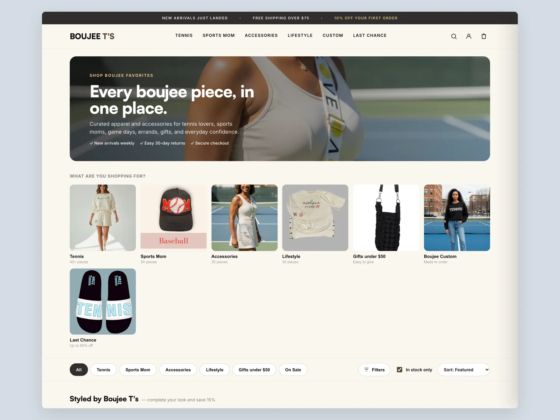 Boujee Ts concept redesign: Collection page first screen: hero, categories, filter bar
