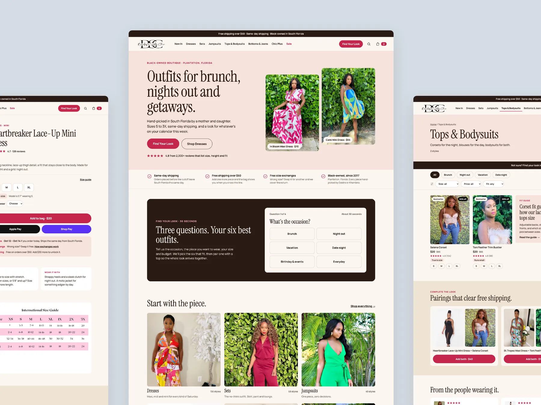 Boutique Sales Chic concept redesign: Homepage centre, product left, collection right