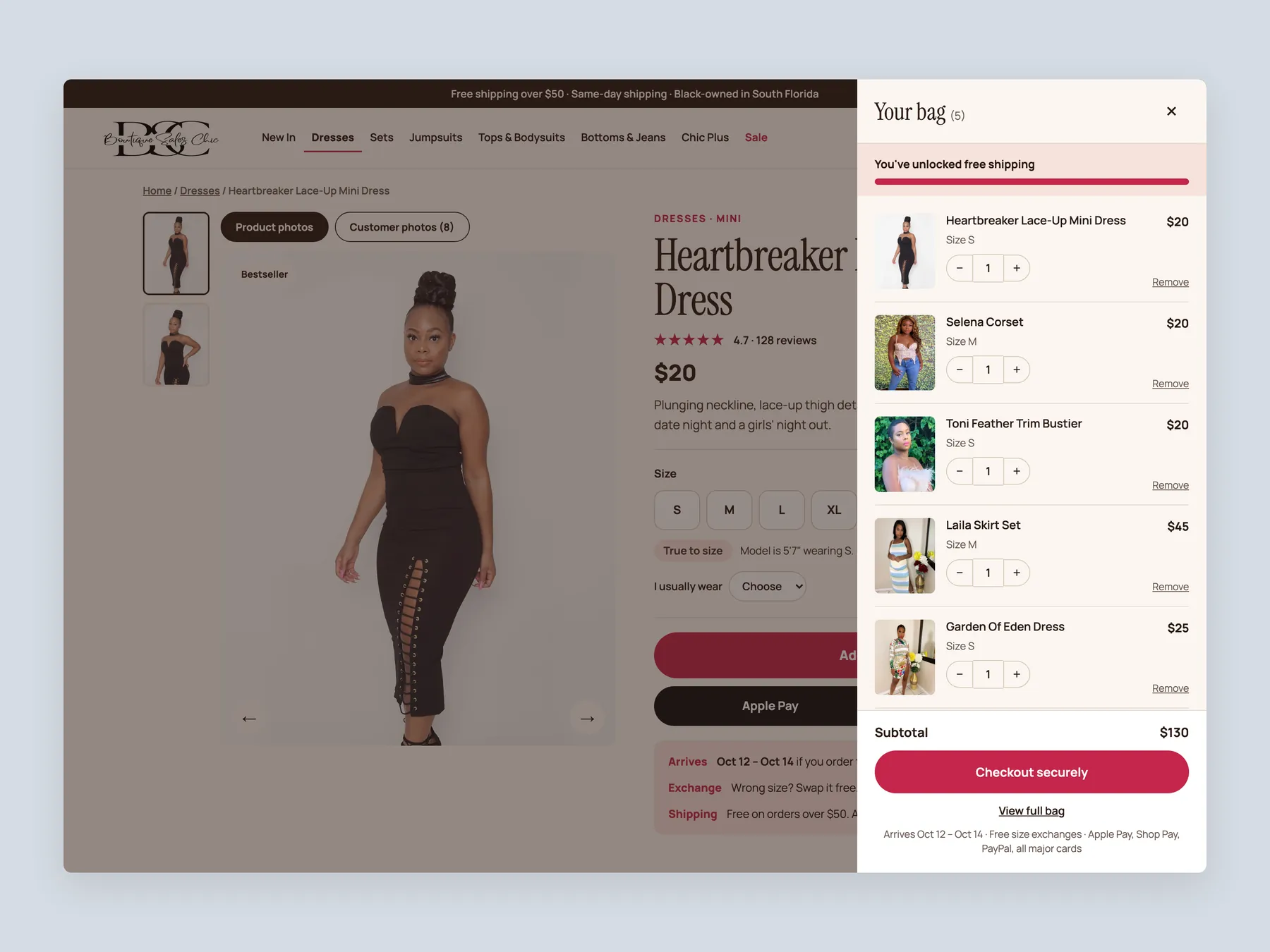 Boutique Sales Chic concept redesign: Bag slide over open over the product page, whole screen