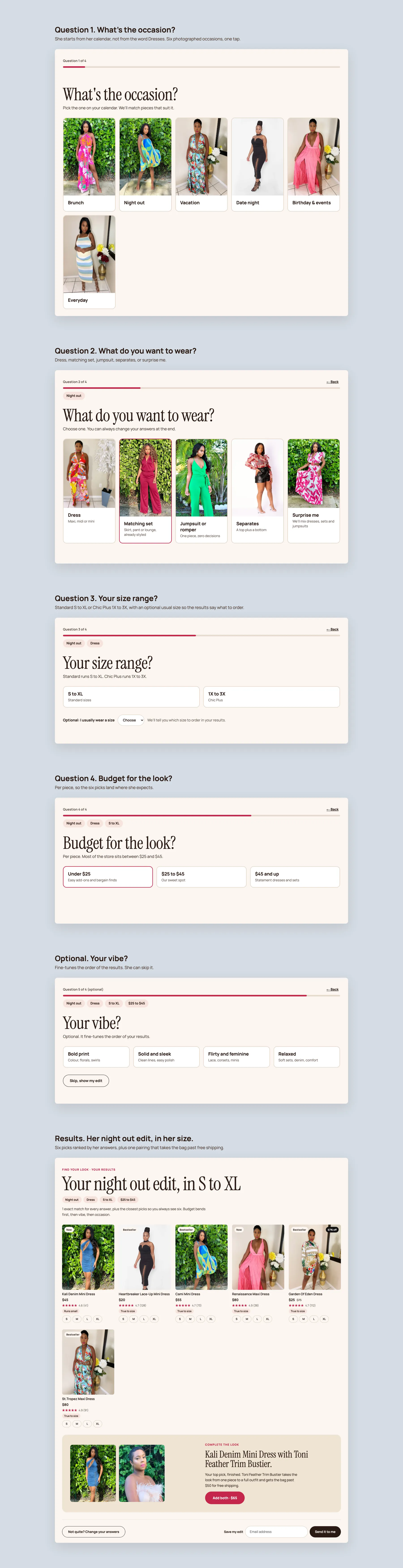 Boutique Sales Chic concept redesign: Find Your Look quiz, step by step