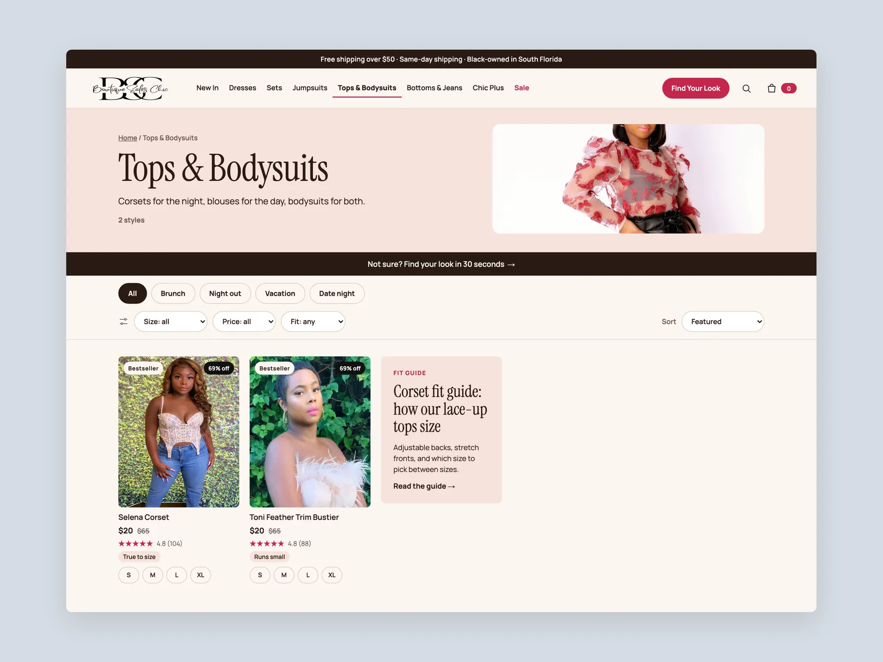 Boutique Sales Chic concept redesign: Collection page first screen: header, filters, first row