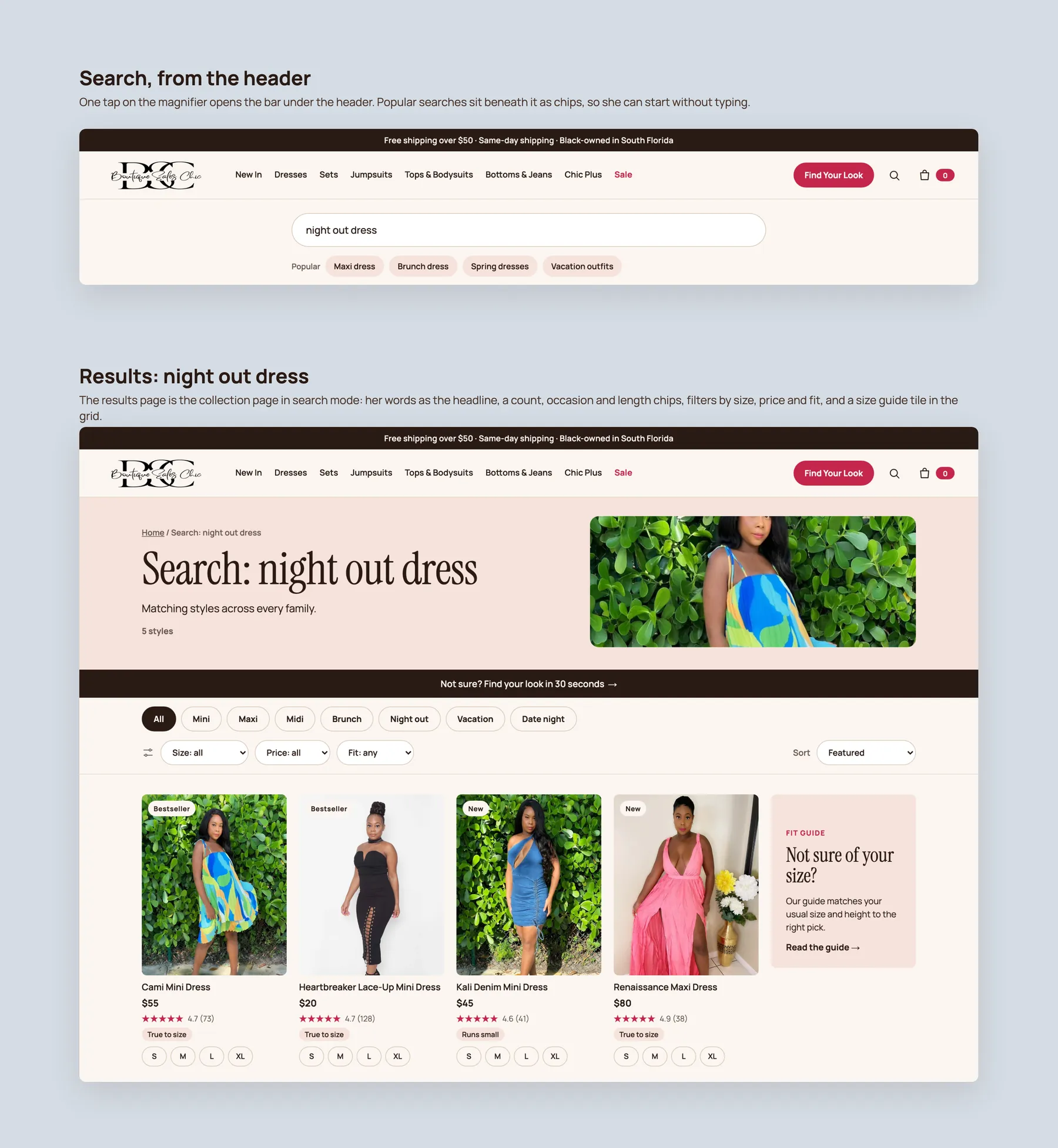 Boutique Sales Chic concept redesign: Search: the bar and the results