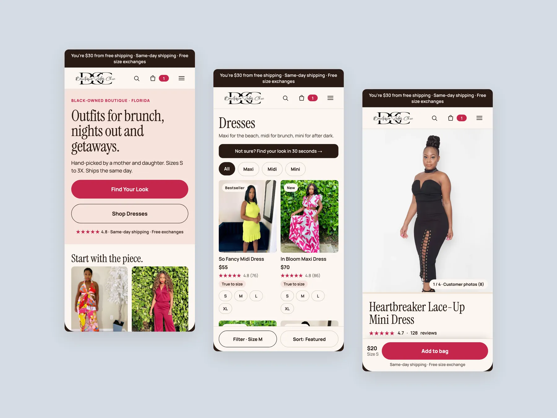 Boutique Sales Chic concept redesign: Three phone screens: home, collection, product
