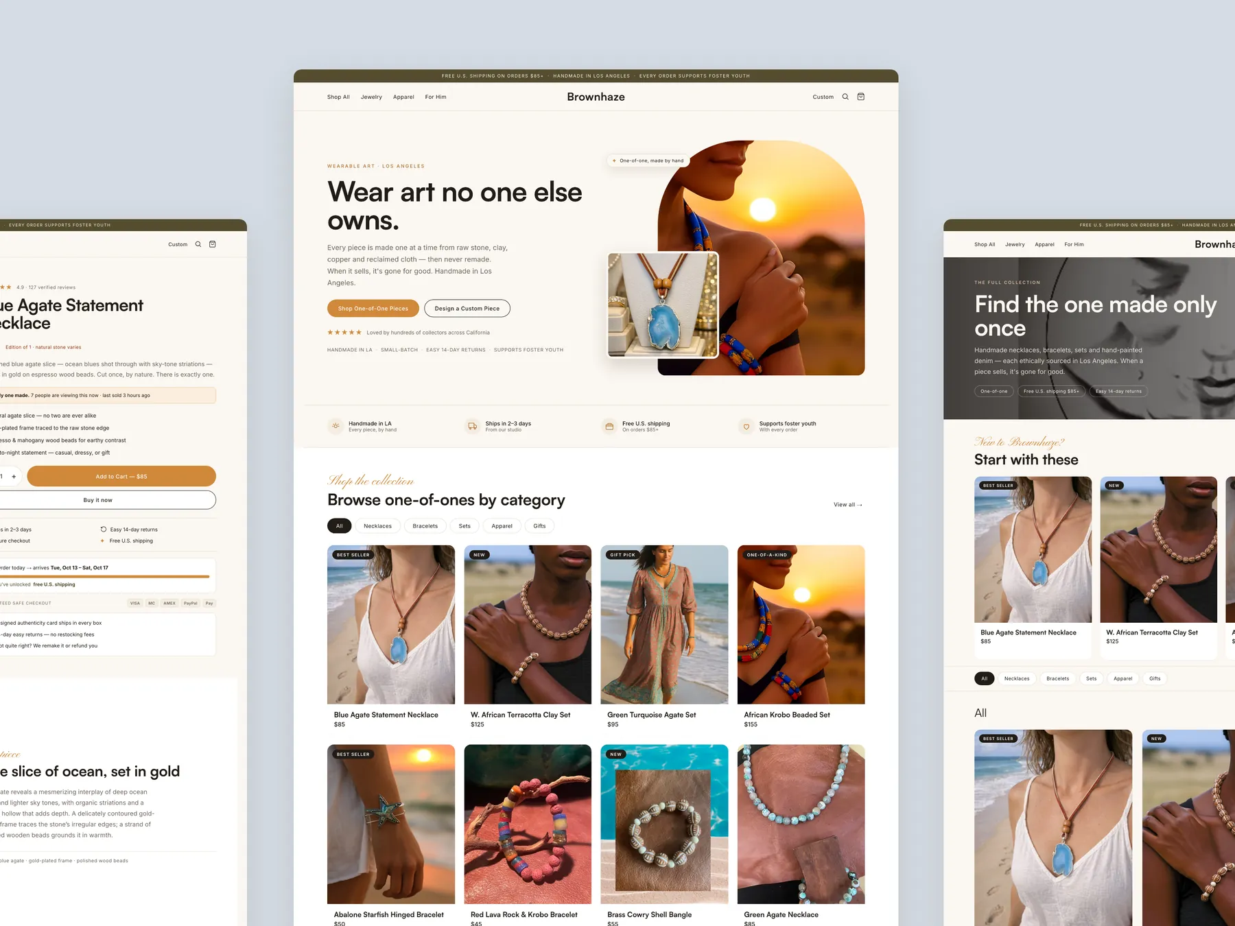 BrownHaze concept redesign: Homepage centre, product left, collection right