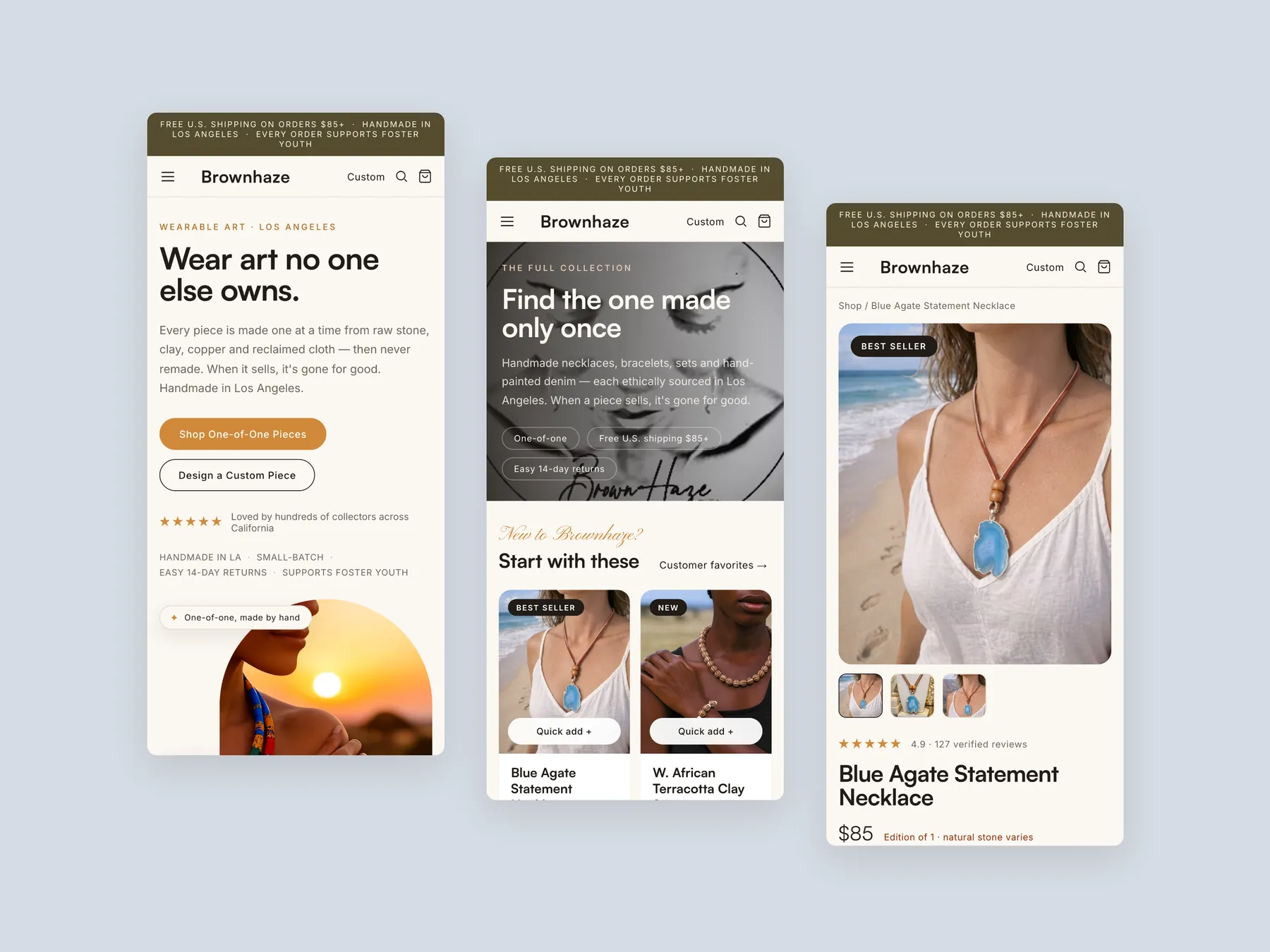 BrownHaze concept redesign: Three phone screens: home, collection, product
