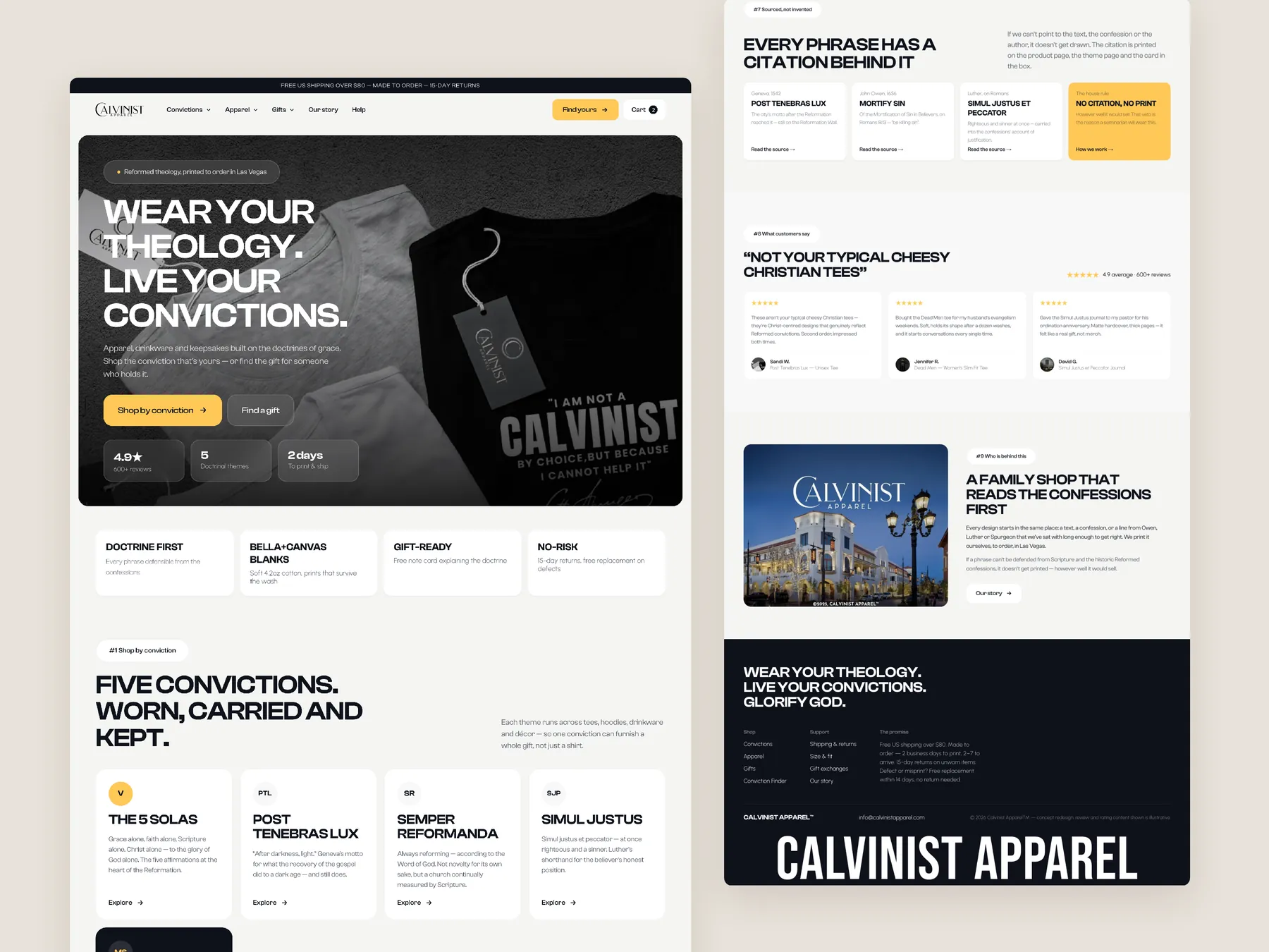 Calvinist Apparel concept redesign: Homepage, two tall columns