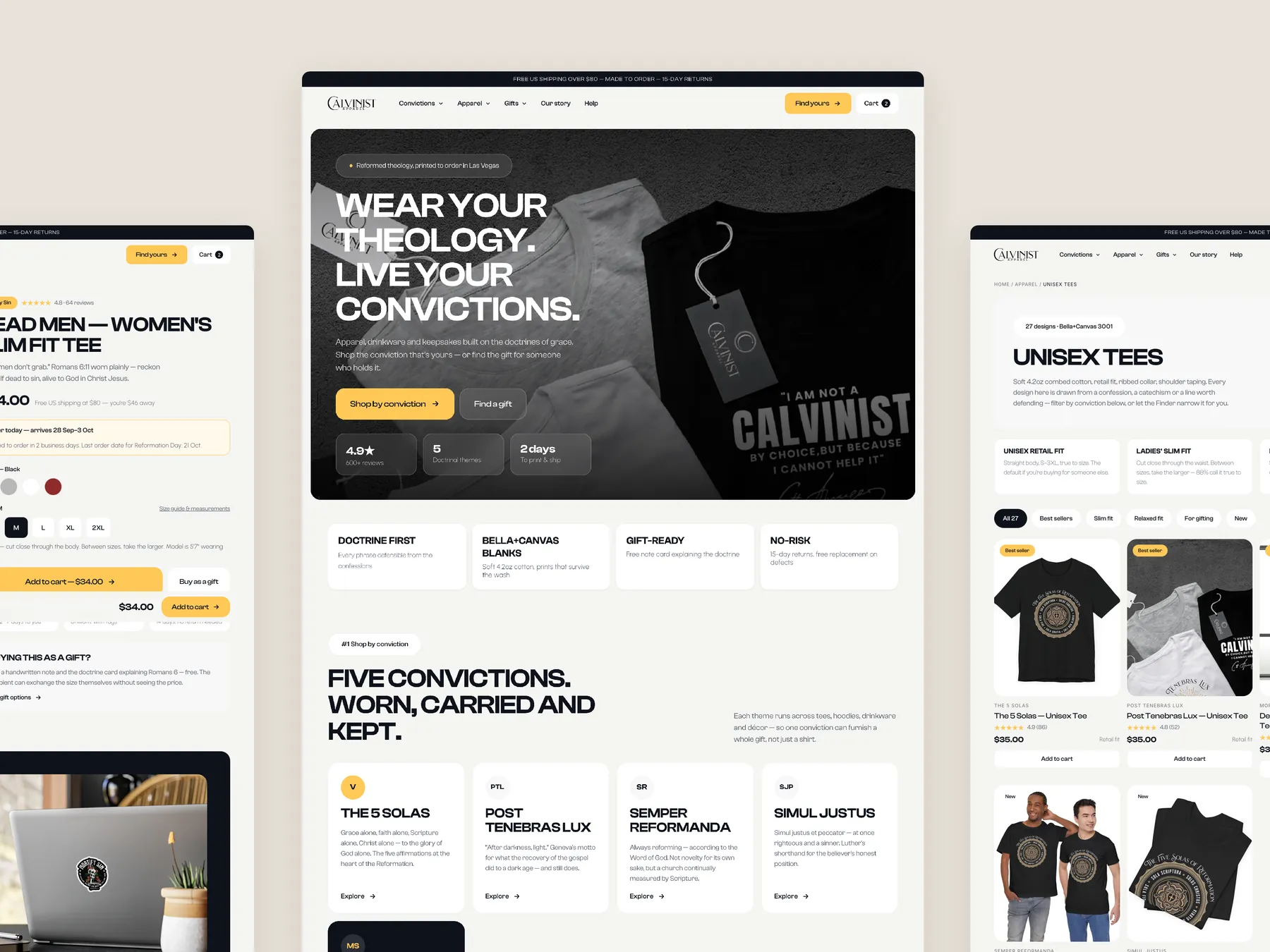Calvinist Apparel concept redesign: Homepage centre, product left, collection right