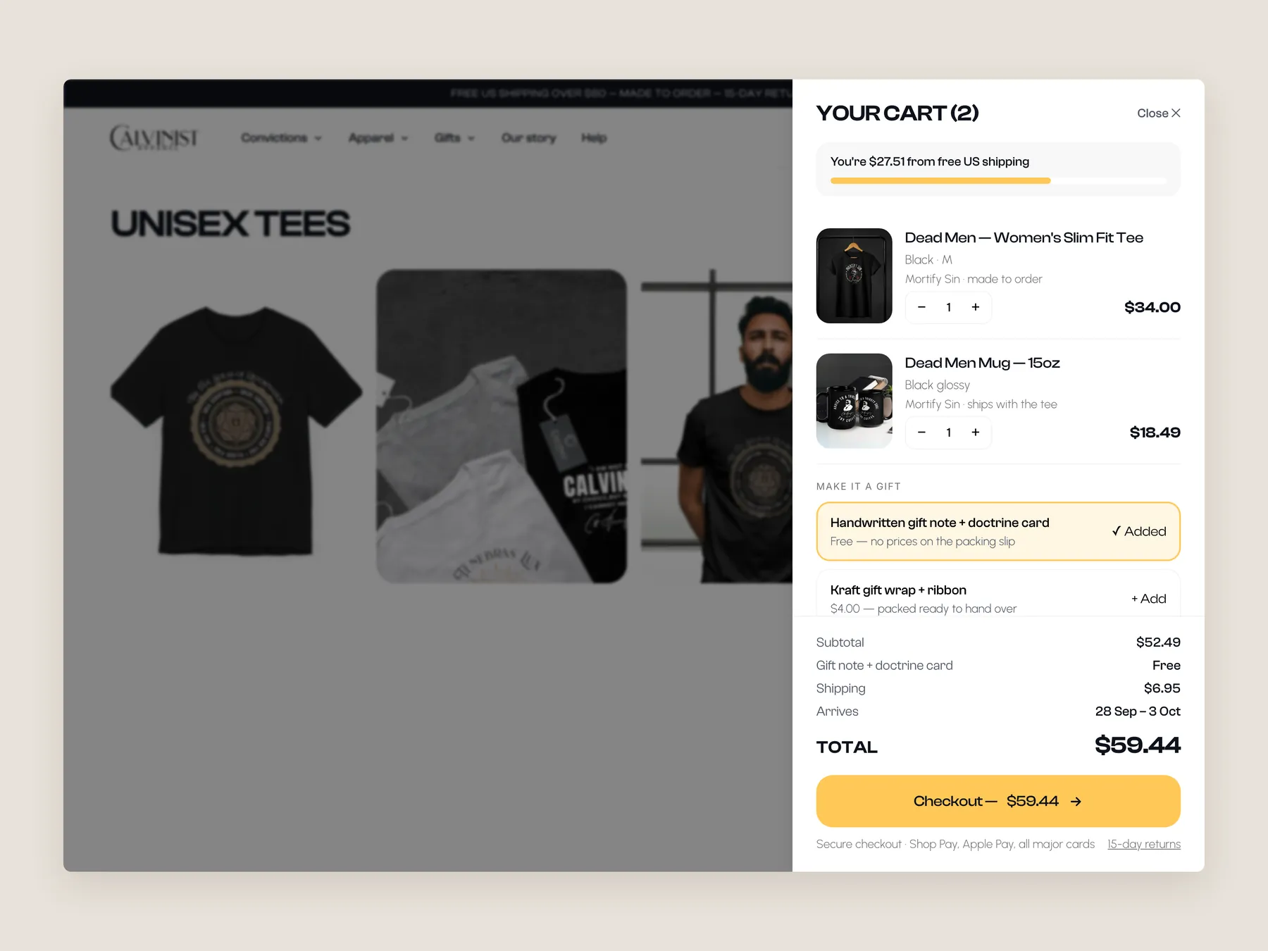 Calvinist Apparel concept redesign: Cart slide over open over the collection page, whole screen