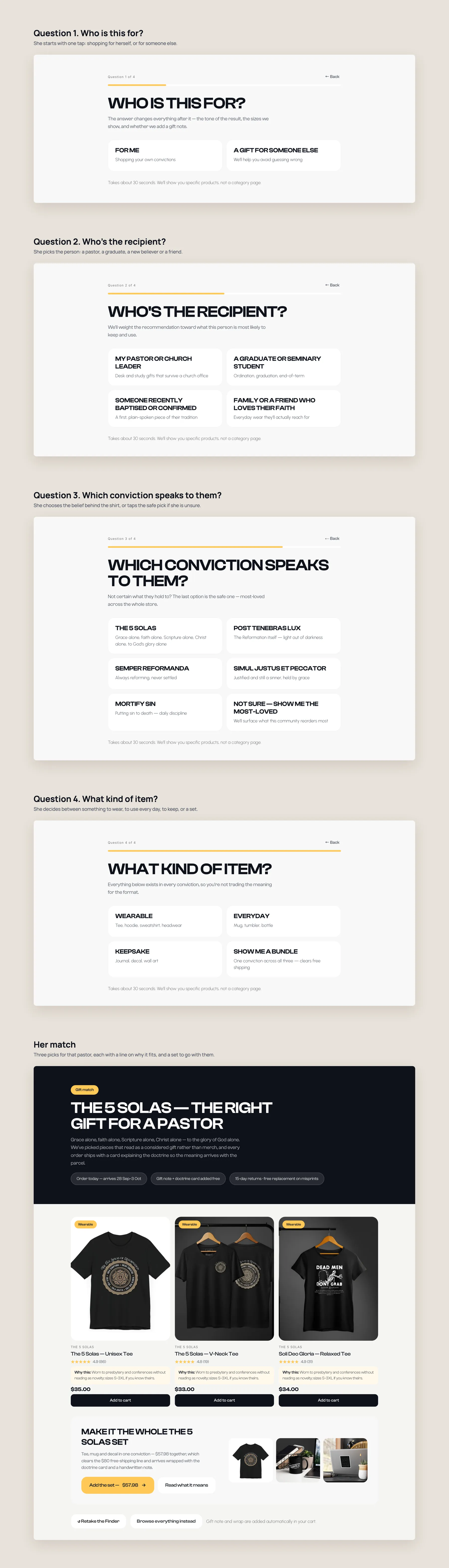 Calvinist Apparel concept redesign: Gift finder quiz, step by step