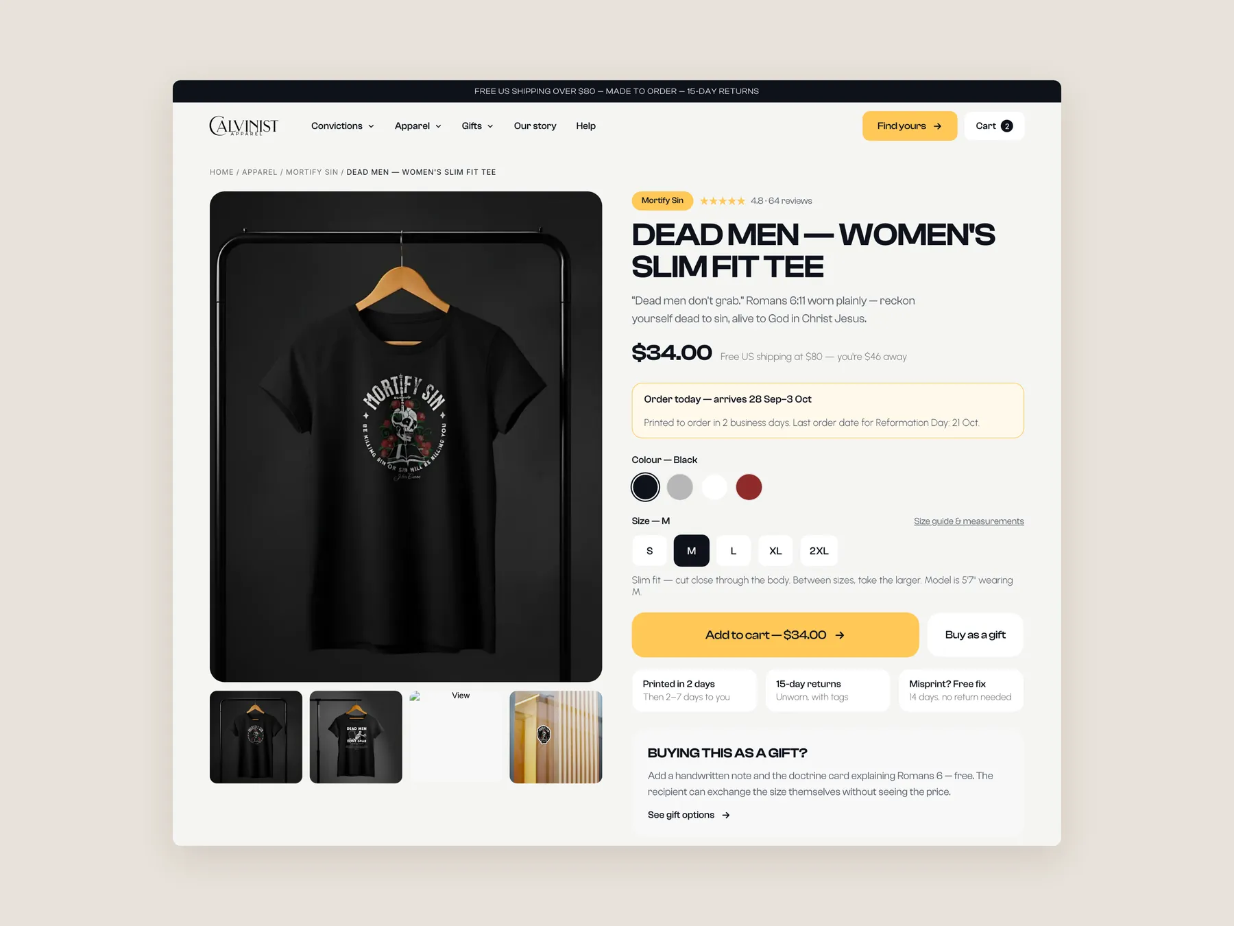 Calvinist Apparel concept redesign: Product page first screen: header and buy box