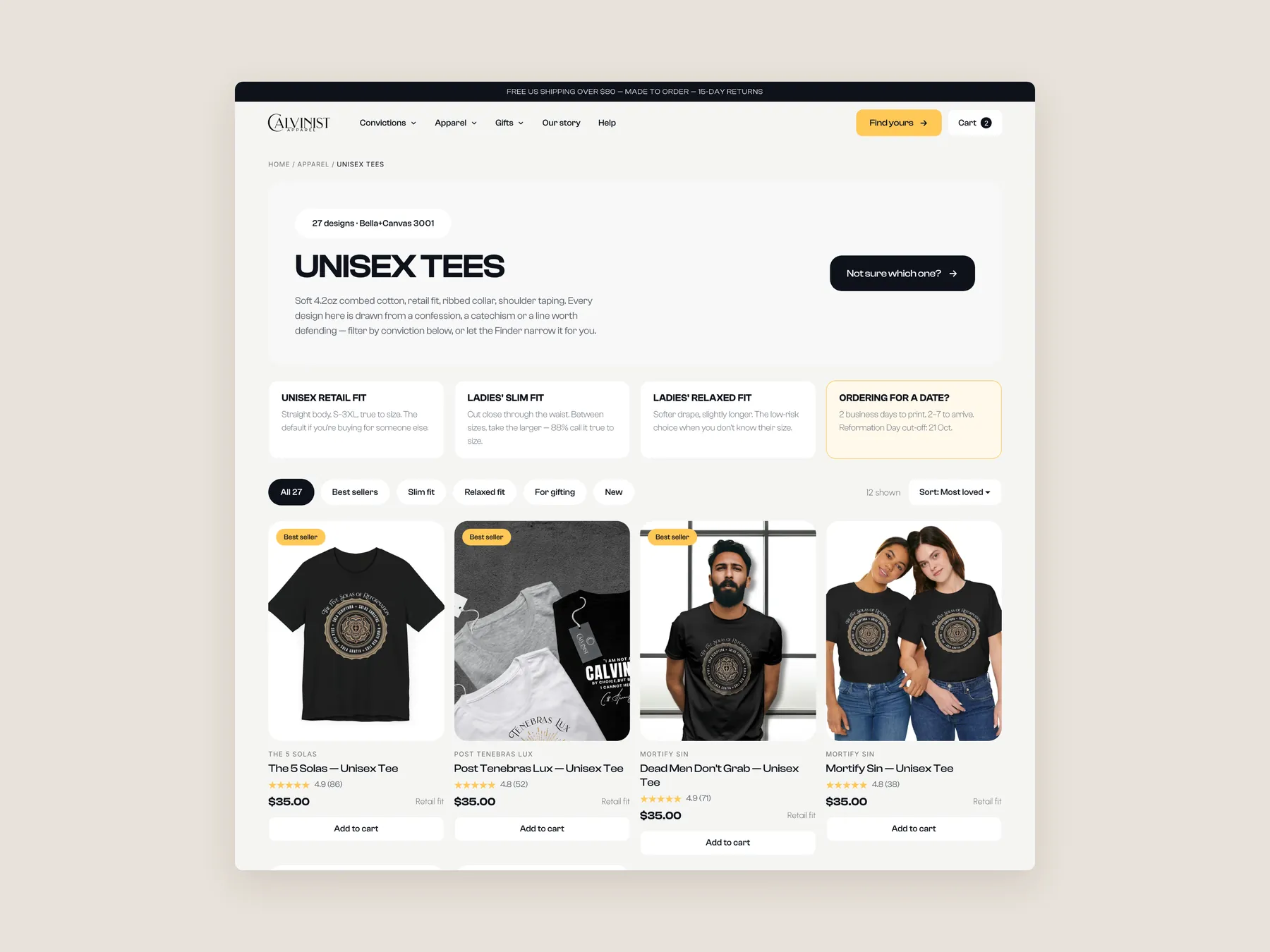 Calvinist Apparel concept redesign: Collection page first screen: header, fit tiles, filters, first row