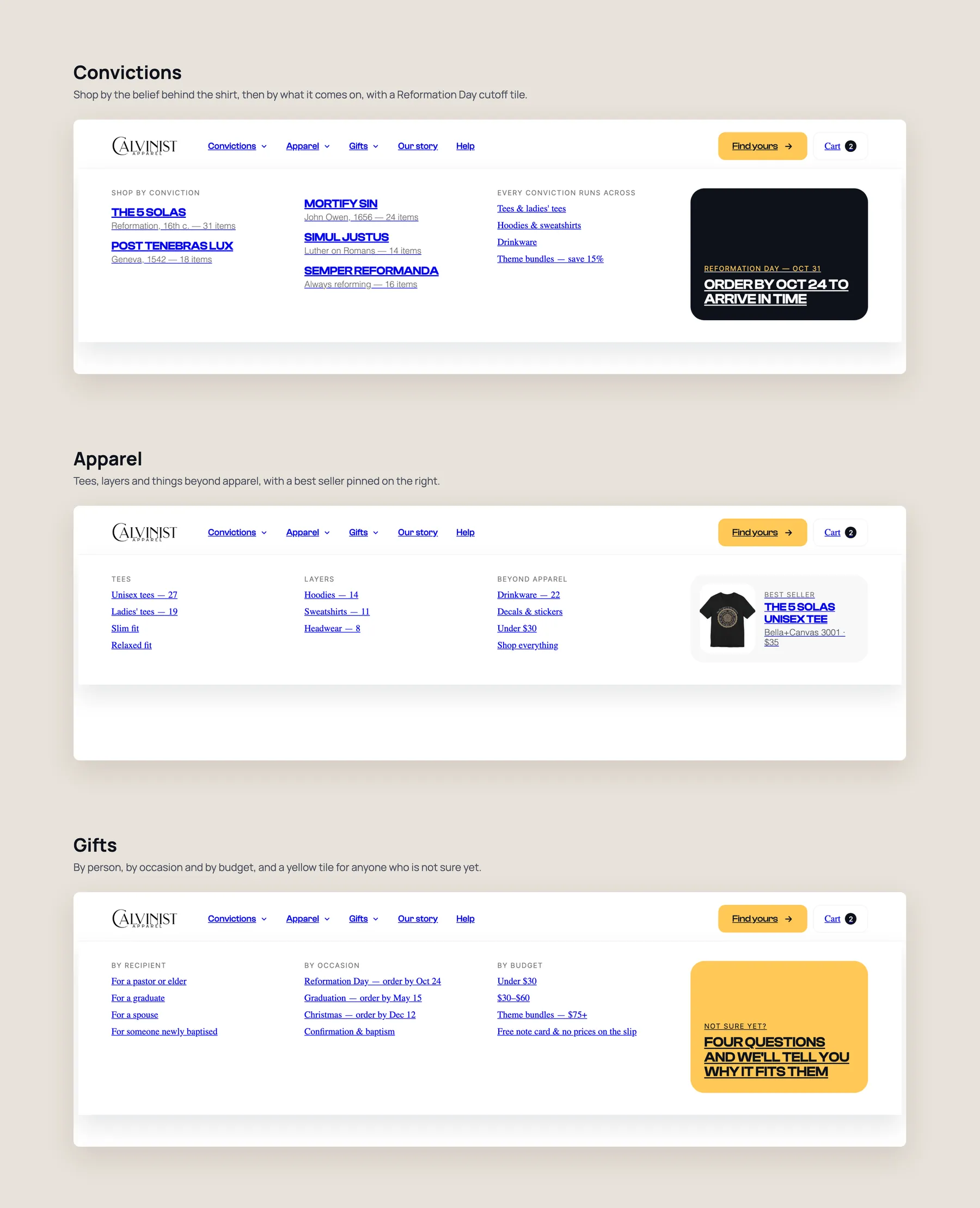 Calvinist Apparel concept redesign: Mega menu, every panel open
