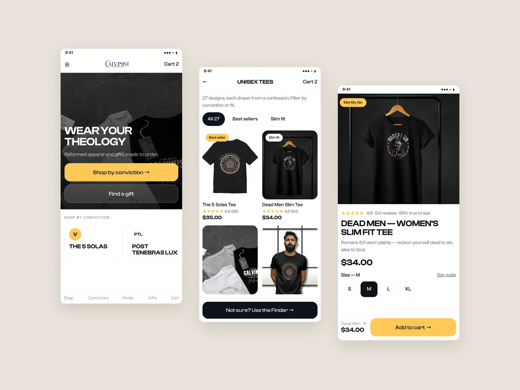 Calvinist Apparel concept redesign: Three phone screens: home, collection, product