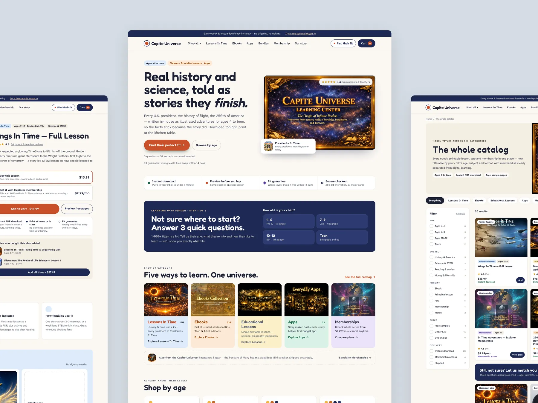 Capite Discoveries concept redesign: Homepage centre, product left, collection right