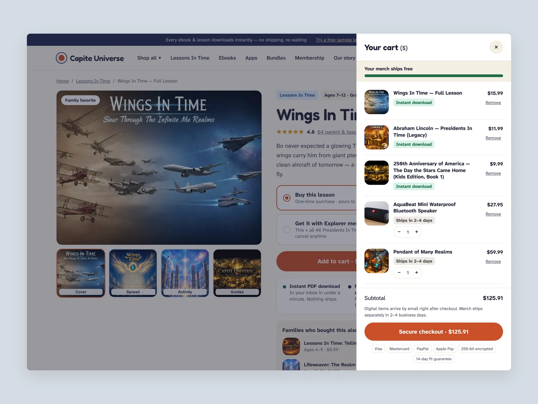 Capite Discoveries concept redesign: Cart slide over open over the product page, whole screen