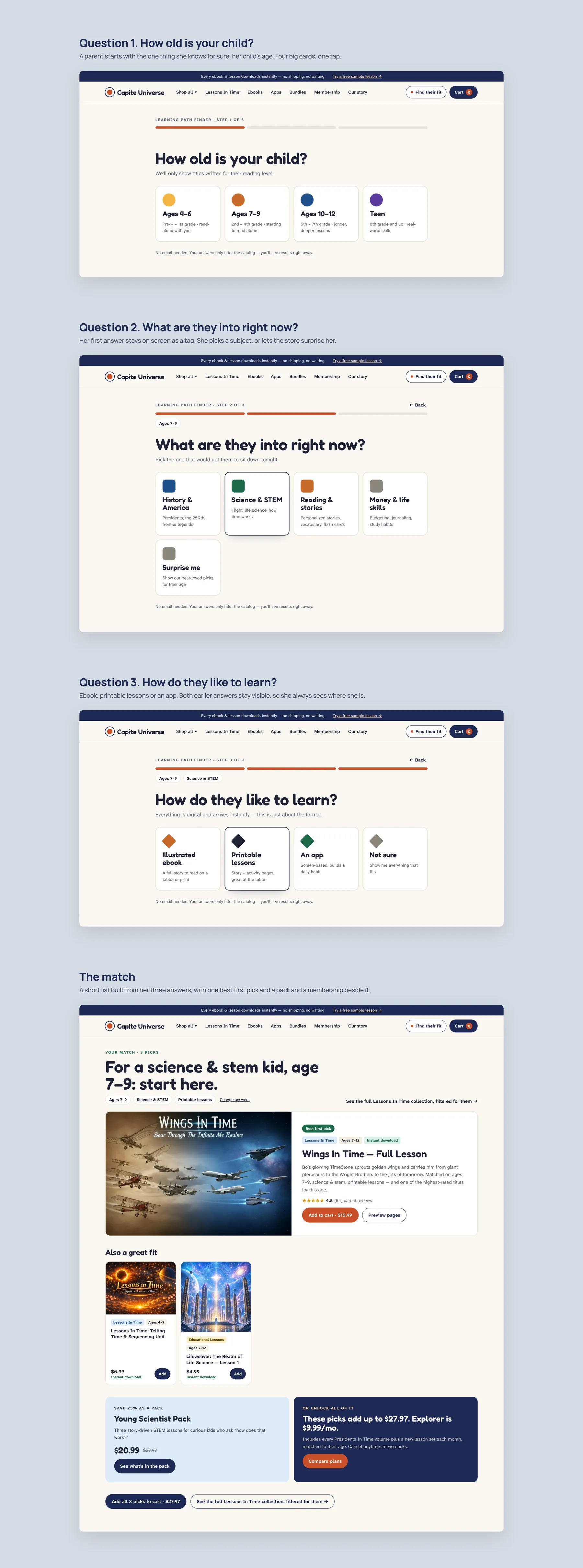 Capite Discoveries concept redesign: Learning path finder quiz, step by step