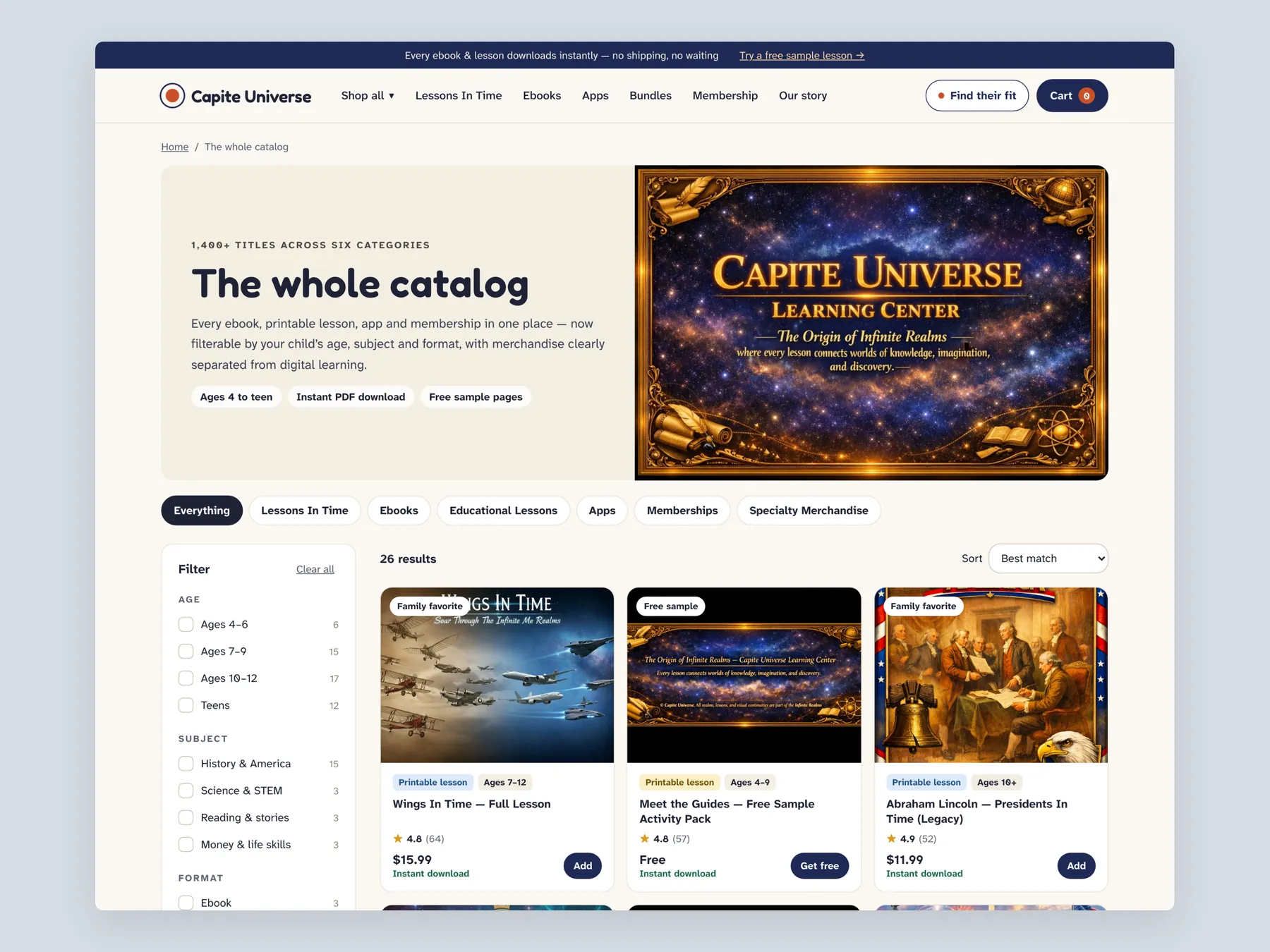 Capite Discoveries concept redesign: Collection page first screen: header, filters, first row