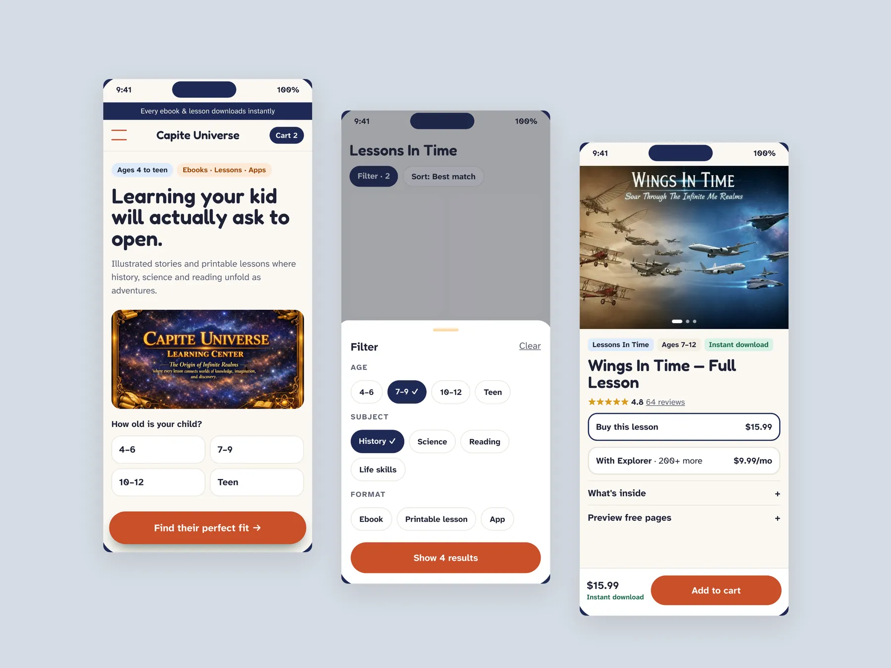 Capite Discoveries concept redesign: Three phone screens: home, collection, product