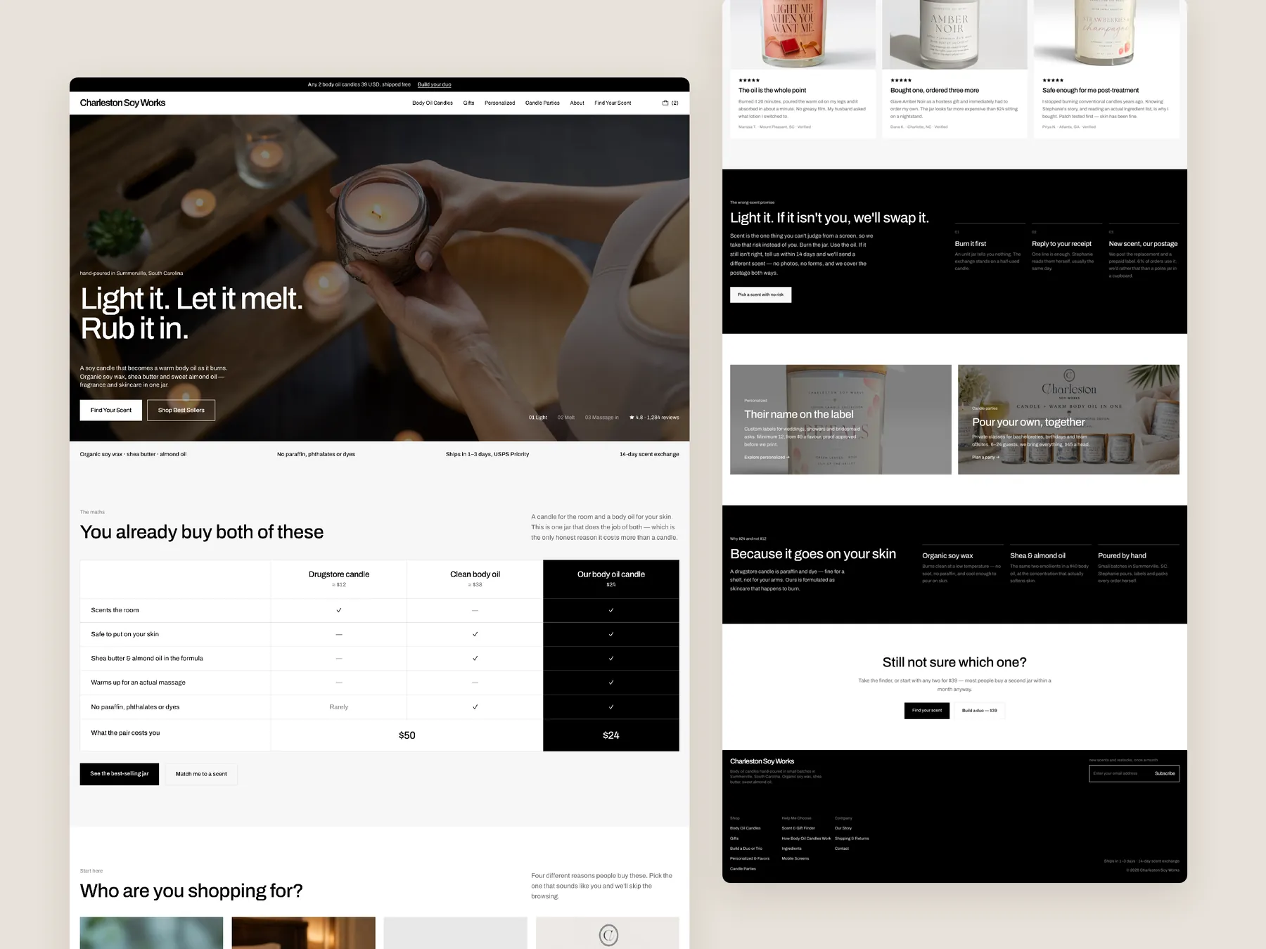 Charleston Soy Works concept redesign: Homepage, two tall columns
