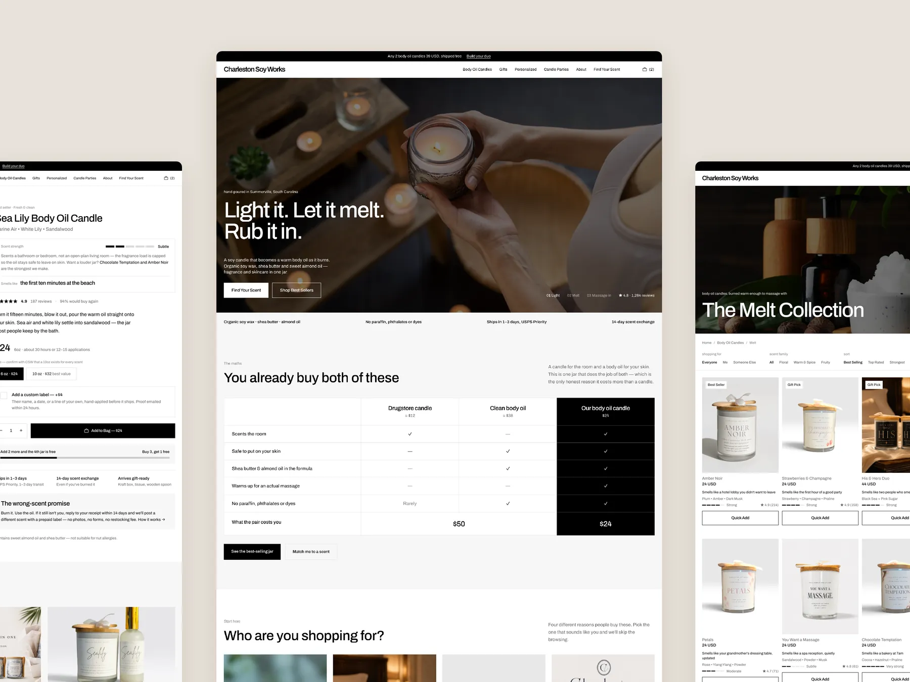Charleston Soy Works concept redesign: Homepage centre, product left, collection right