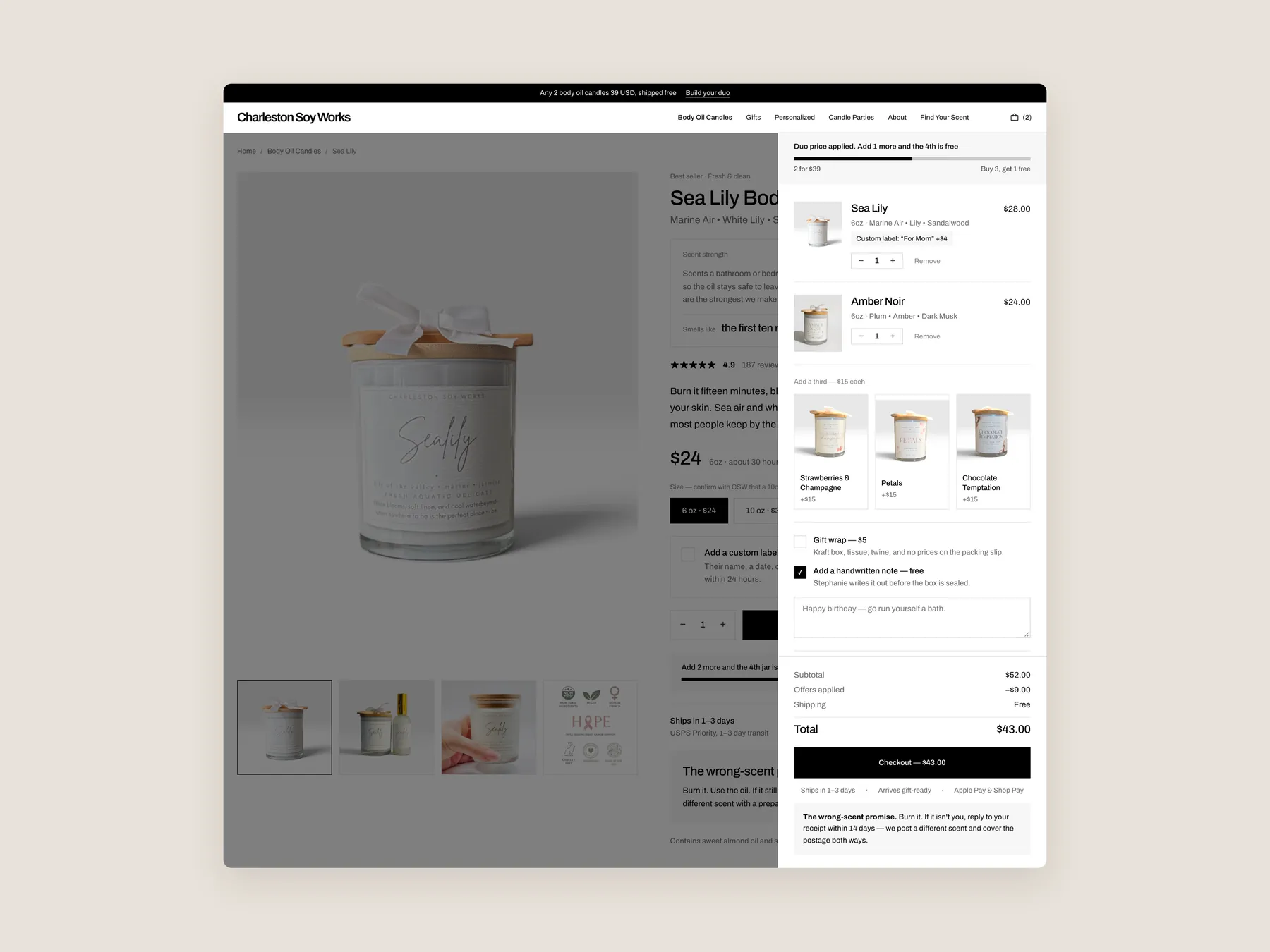 Charleston Soy Works concept redesign: Bag slide over open over the product page, whole screen