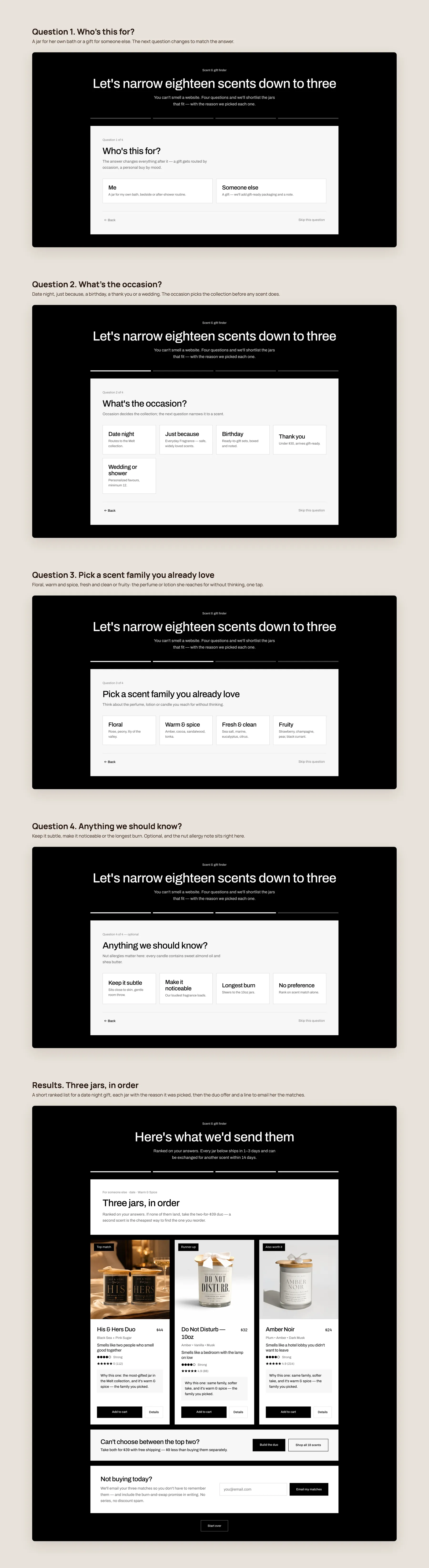 Charleston Soy Works concept redesign: Scent and gift finder, step by step