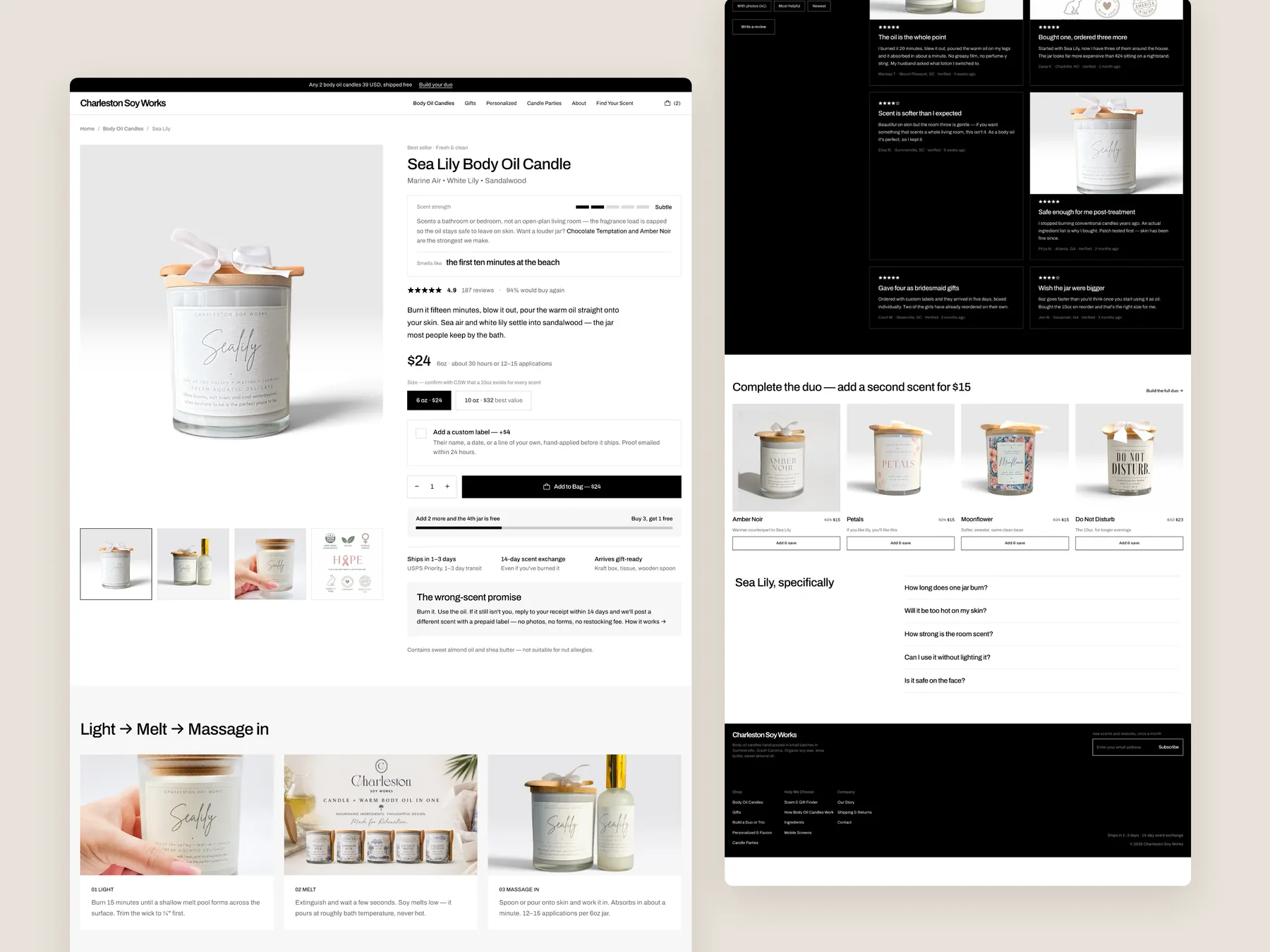 Charleston Soy Works concept redesign: Product page, two tall columns