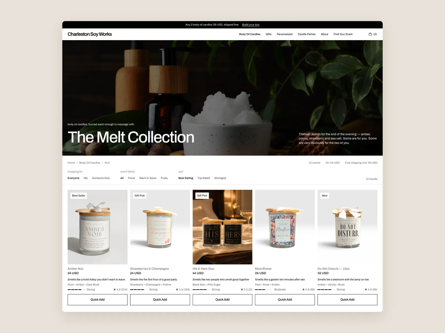 Charleston Soy Works concept redesign: Collection page first screen: header, filters, first row