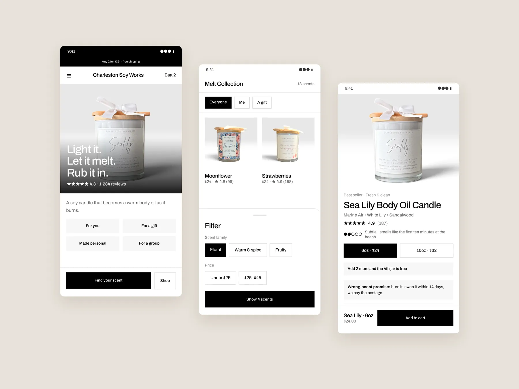 Charleston Soy Works concept redesign: Three phone screens: home, collection, product