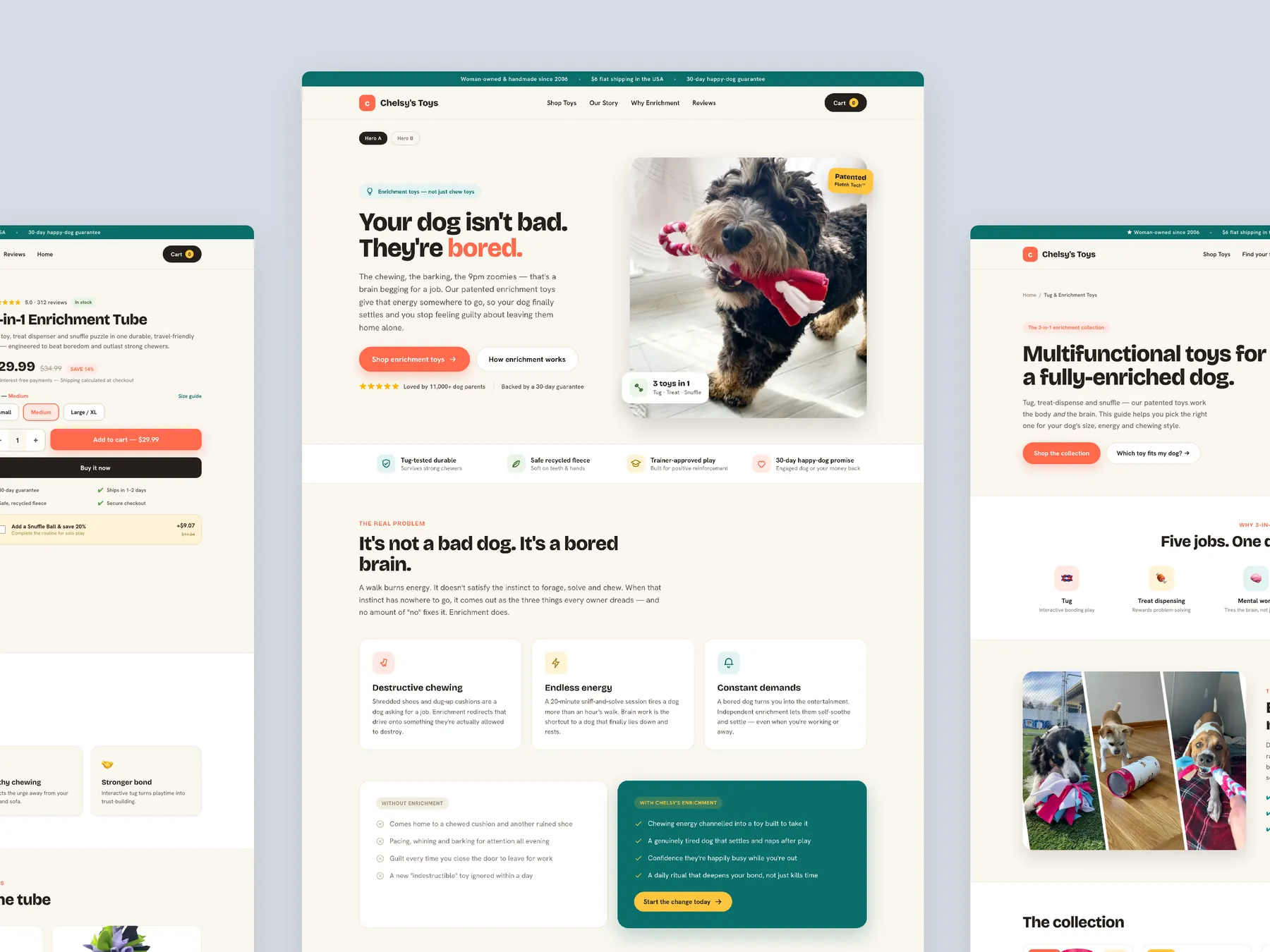 Chelsy's Toys concept redesign: Homepage centre, product left, collection right