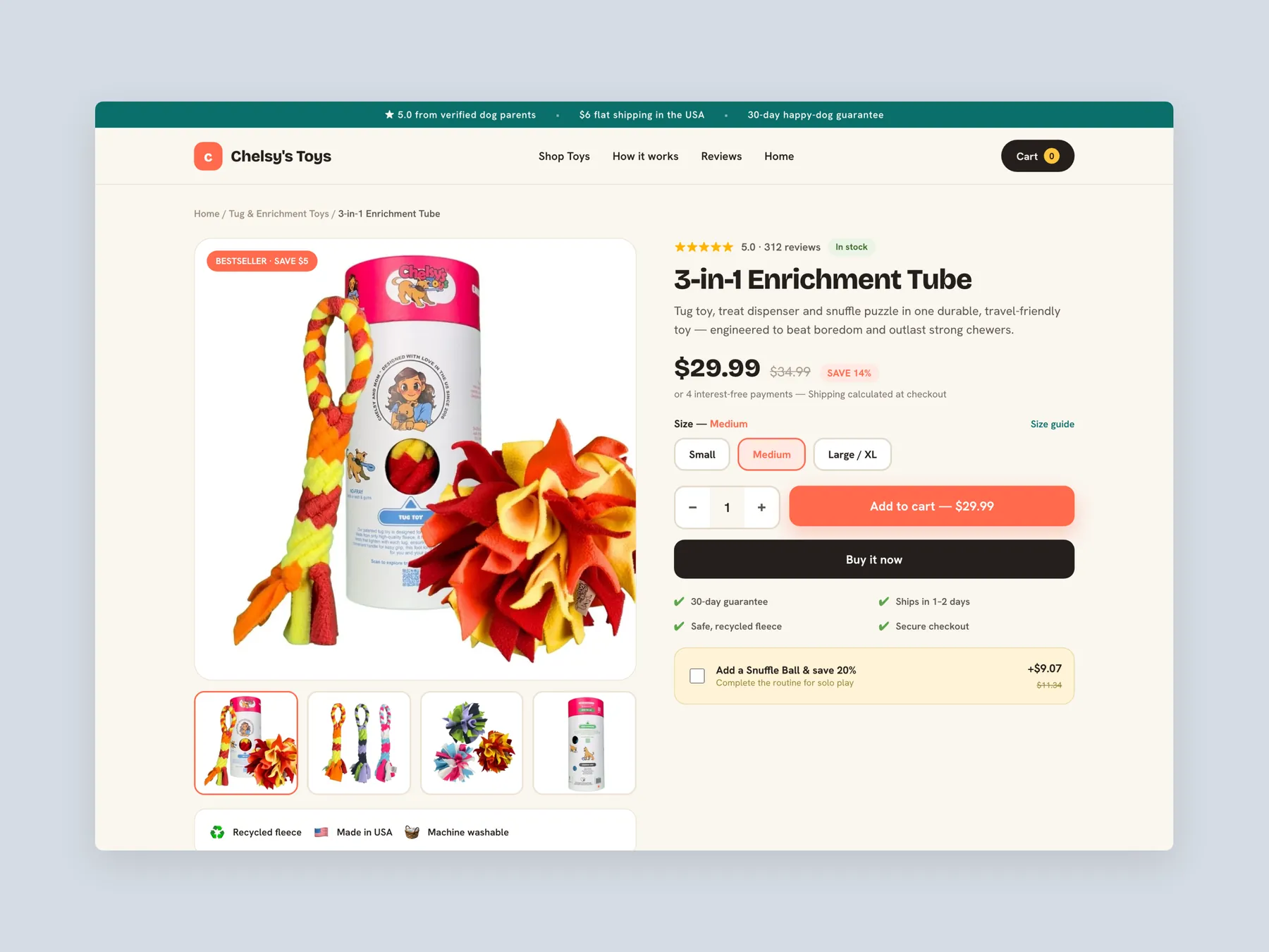 Chelsy's Toys concept redesign: Product page first screen: header and buy box