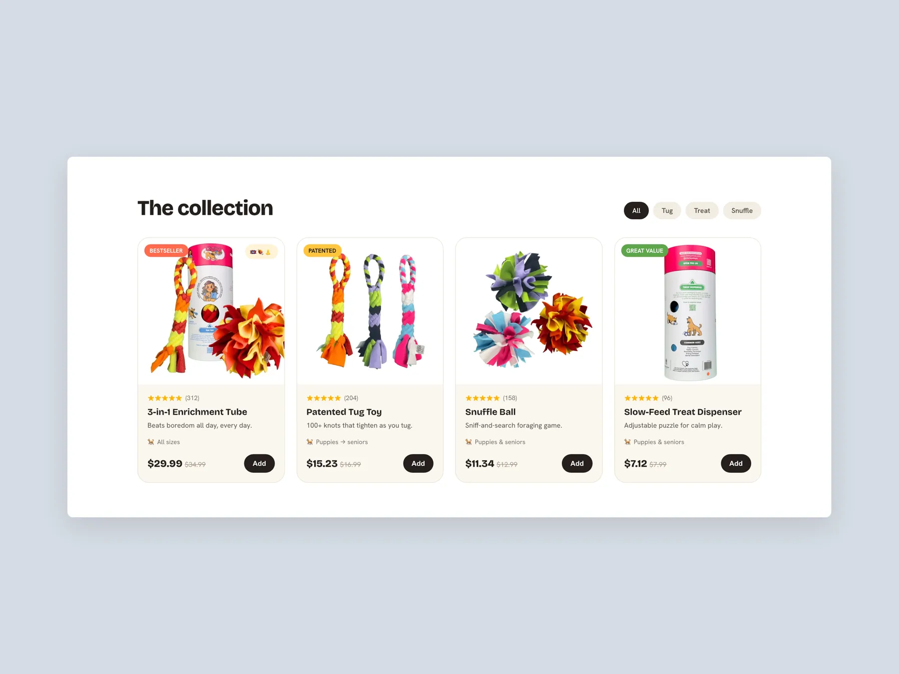 Chelsy's Toys concept redesign: Collection page: the grid and the first row