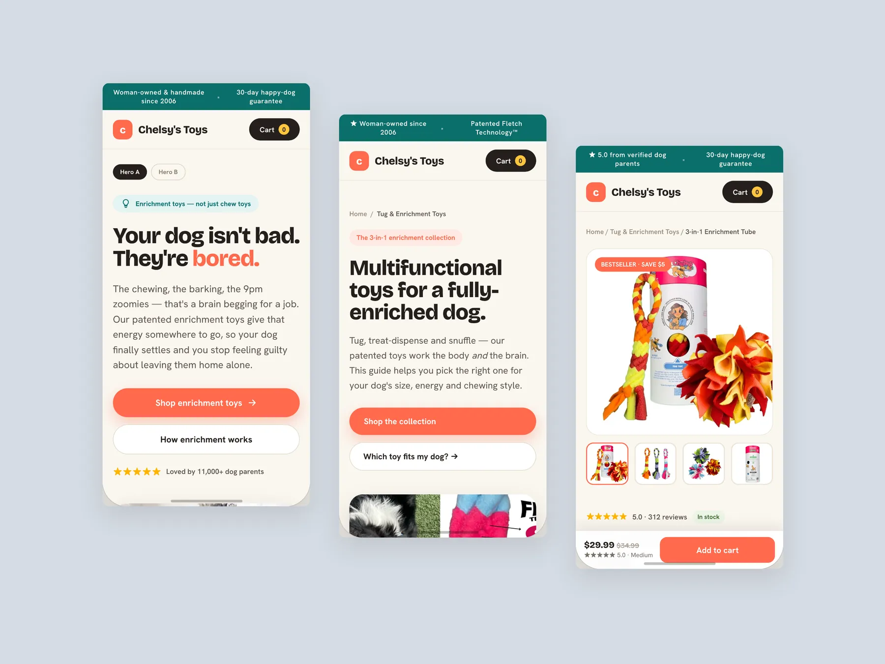 Chelsy's Toys concept redesign: Three phone screens: home, collection, product