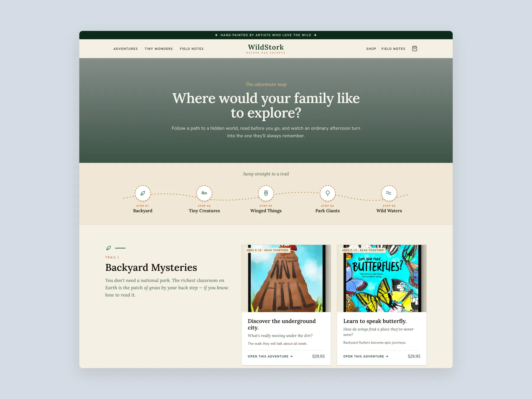 LoveStork concept redesign: Adventures page first screens: banner, trail map, first row