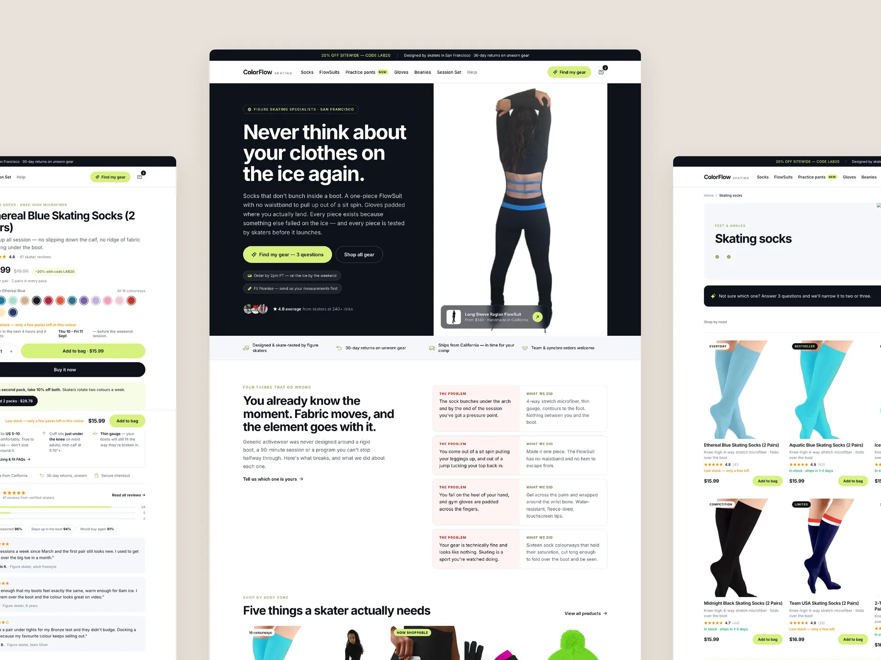 ColorFlow Skating concept redesign: Homepage centre, product left, collection right