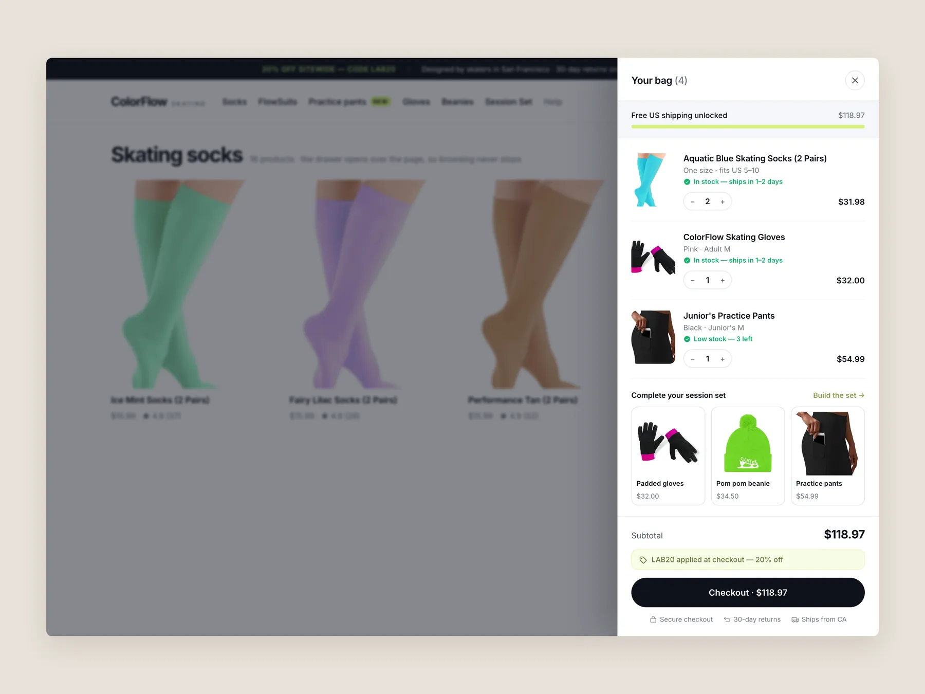 ColorFlow Skating concept redesign: Bag slide over open over the collection page, whole screen