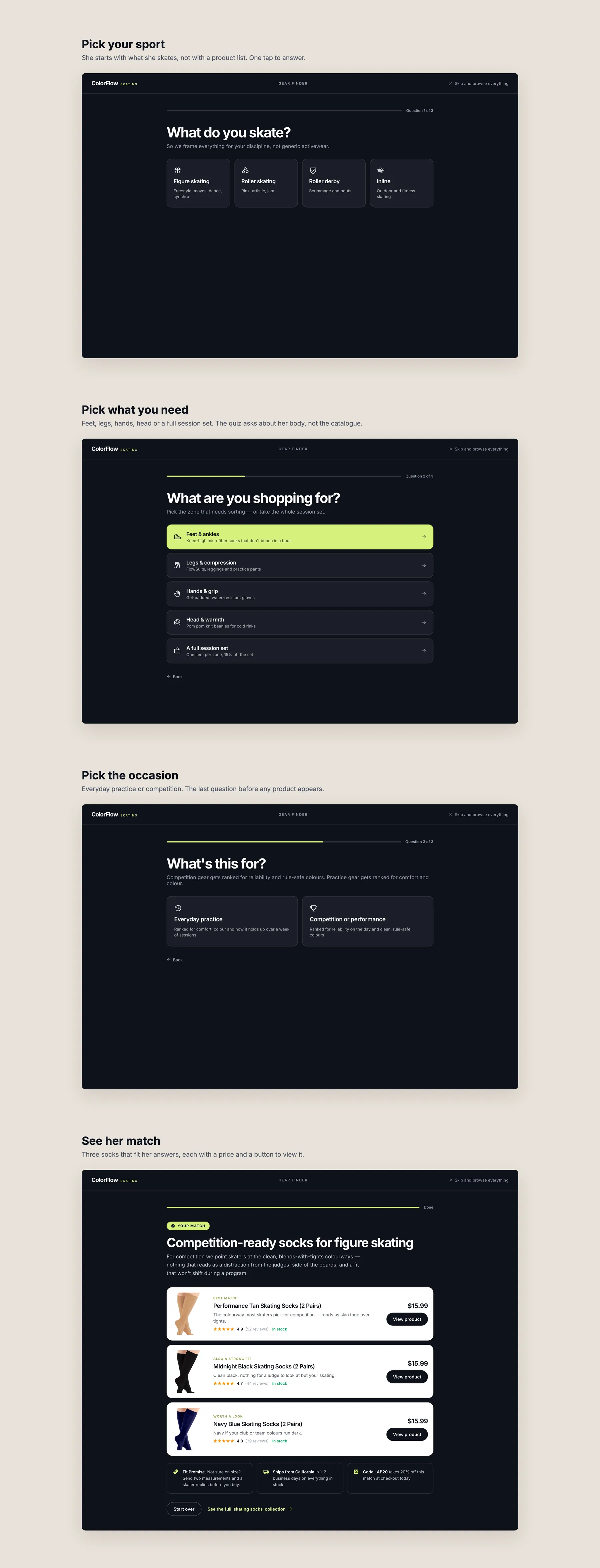 ColorFlow Skating concept redesign: Gear Finder quiz, step by step
