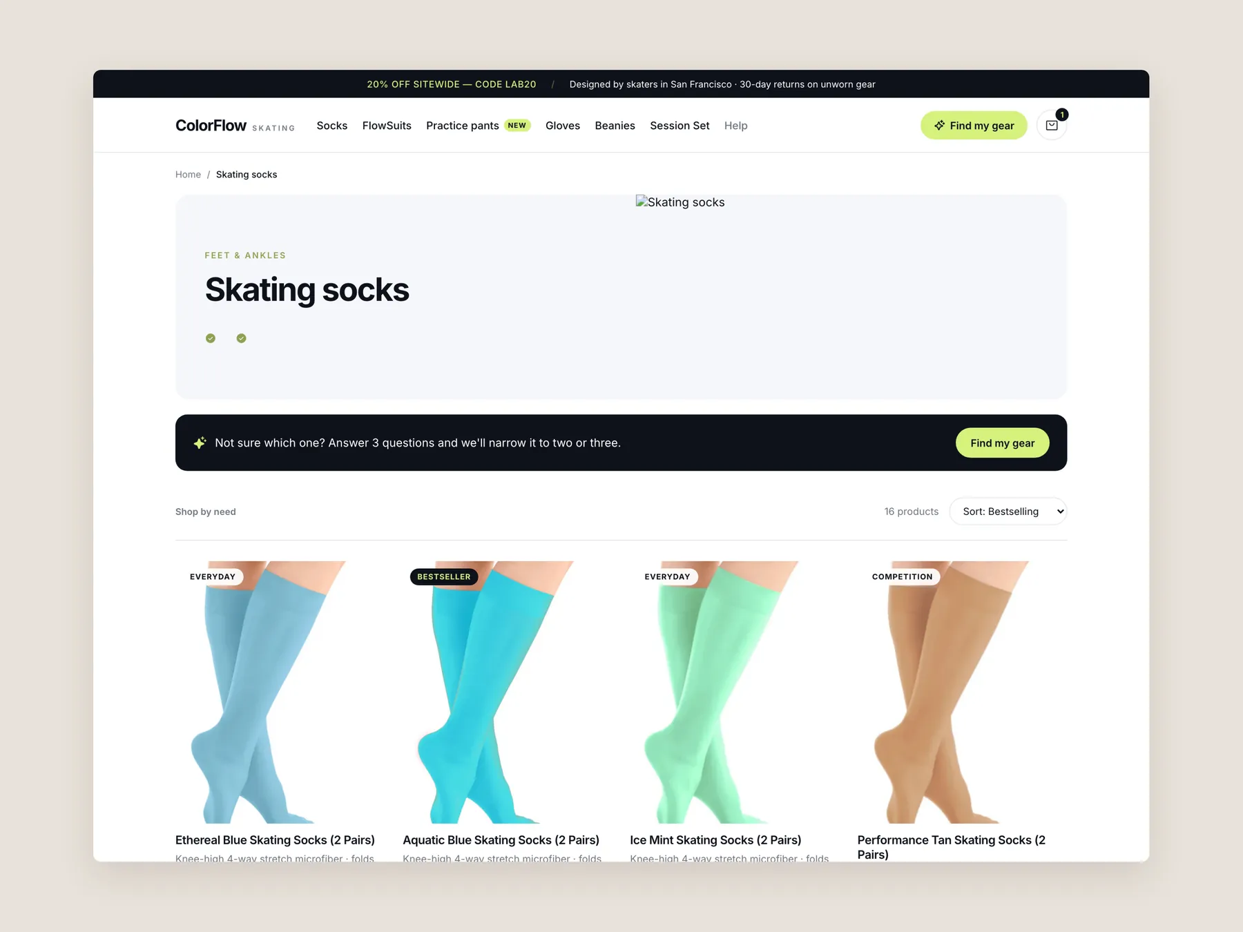 ColorFlow Skating concept redesign: Collection page first screen: header, filters, first row