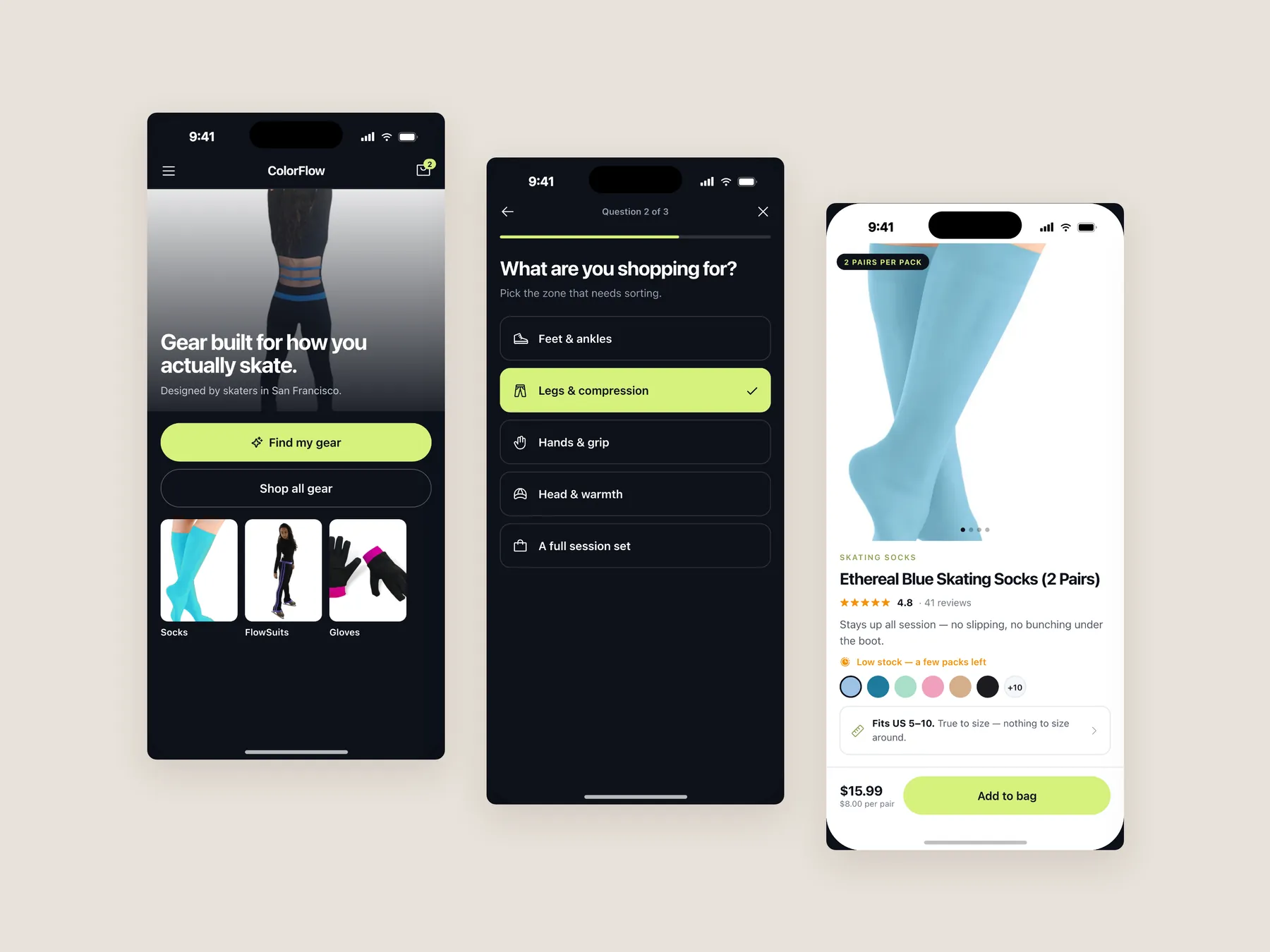 ColorFlow Skating concept redesign: Three phone screens: home, gear finder, product
