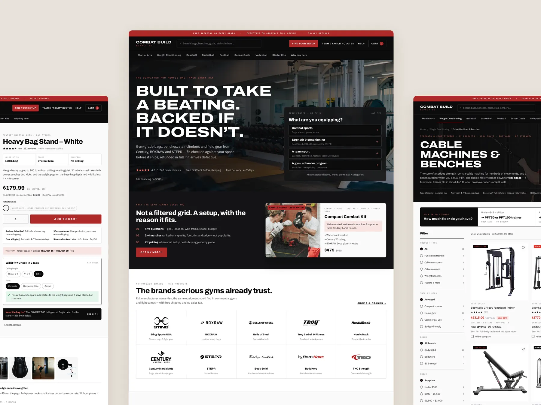 Combat Build Supply concept redesign: Homepage centre, product left, collection right