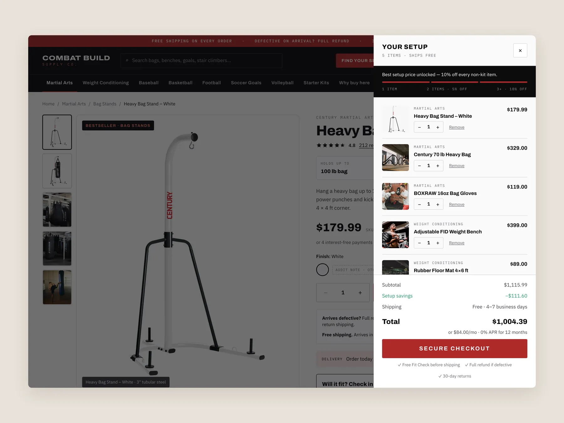 Combat Build Supply concept redesign: Cart drawer open over the product page, whole screen