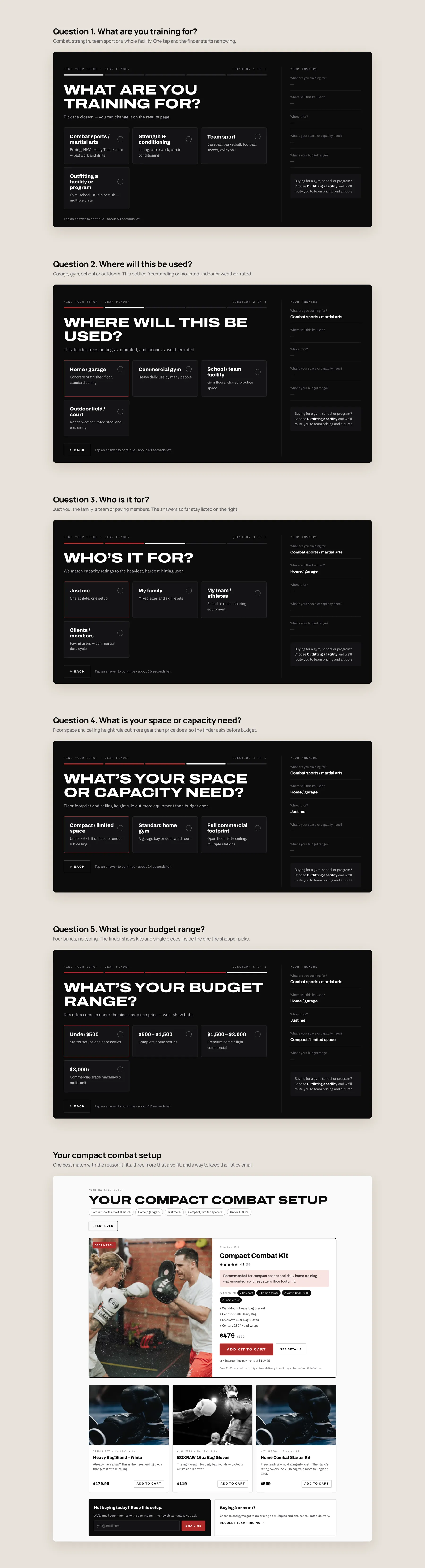Combat Build Supply concept redesign: Gear Finder quiz, step by step