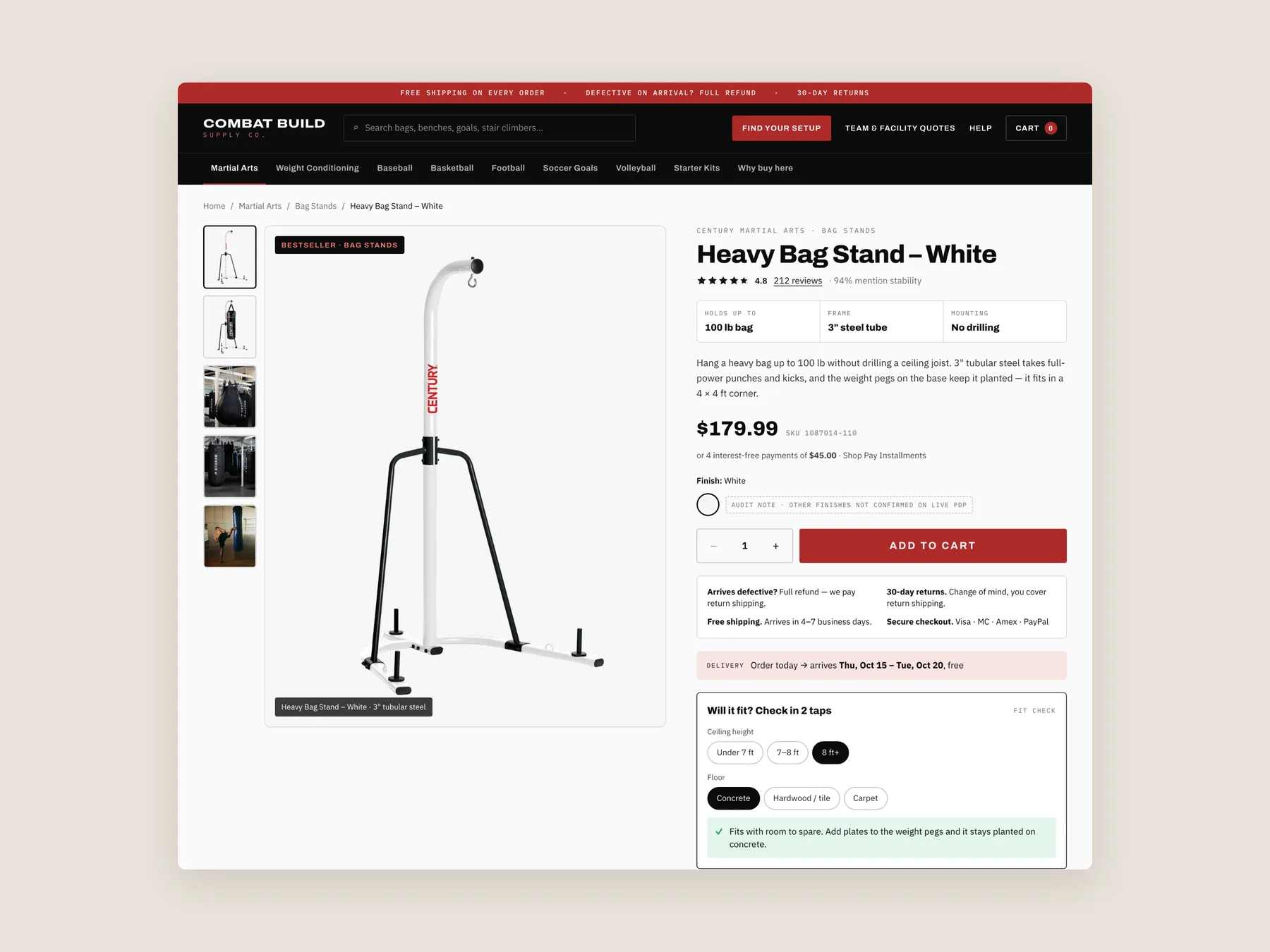 Combat Build Supply concept redesign: Product page first screen: header, buy box and fit check